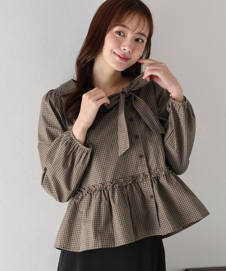 【TIME SALE】チェックリボンペプラムブラウス【ネコポス】 【TIME SALE】チェックリボンペプラムブラウス【ネコポス】