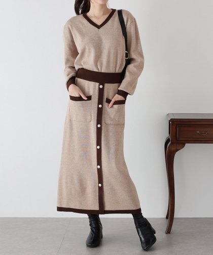 【TIME SALE】配色Vネックニット&スカート セットアップ 【TIME SALE】配色Vネックニット&スカート セットアップ