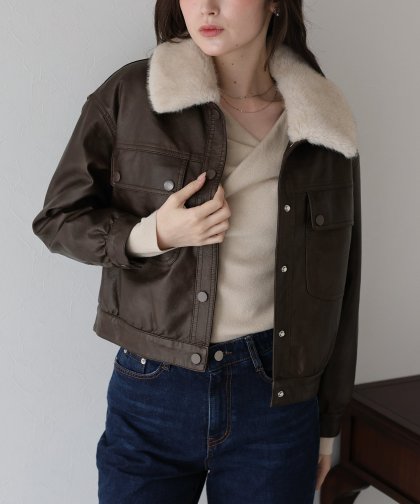 ファー付きフェイクレザーブルゾン ファー付きフェイクレザーブルゾン