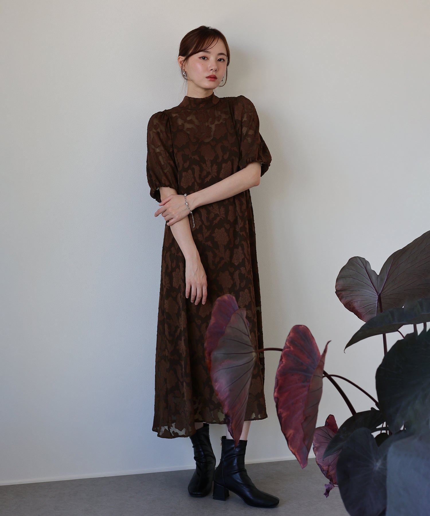 インナー付きバックリボンジャガードドレス