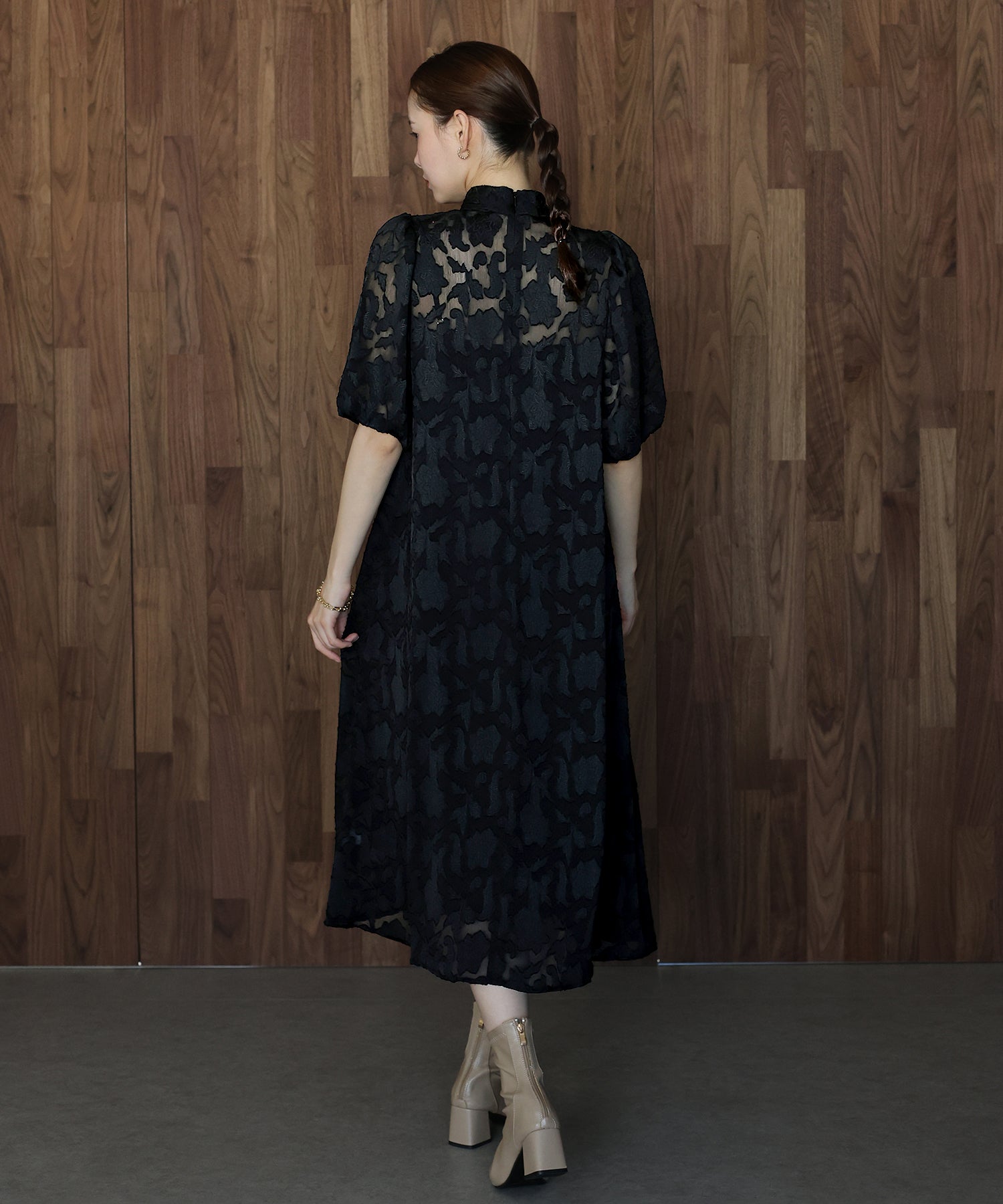 インナー付きバックリボンジャガードドレス