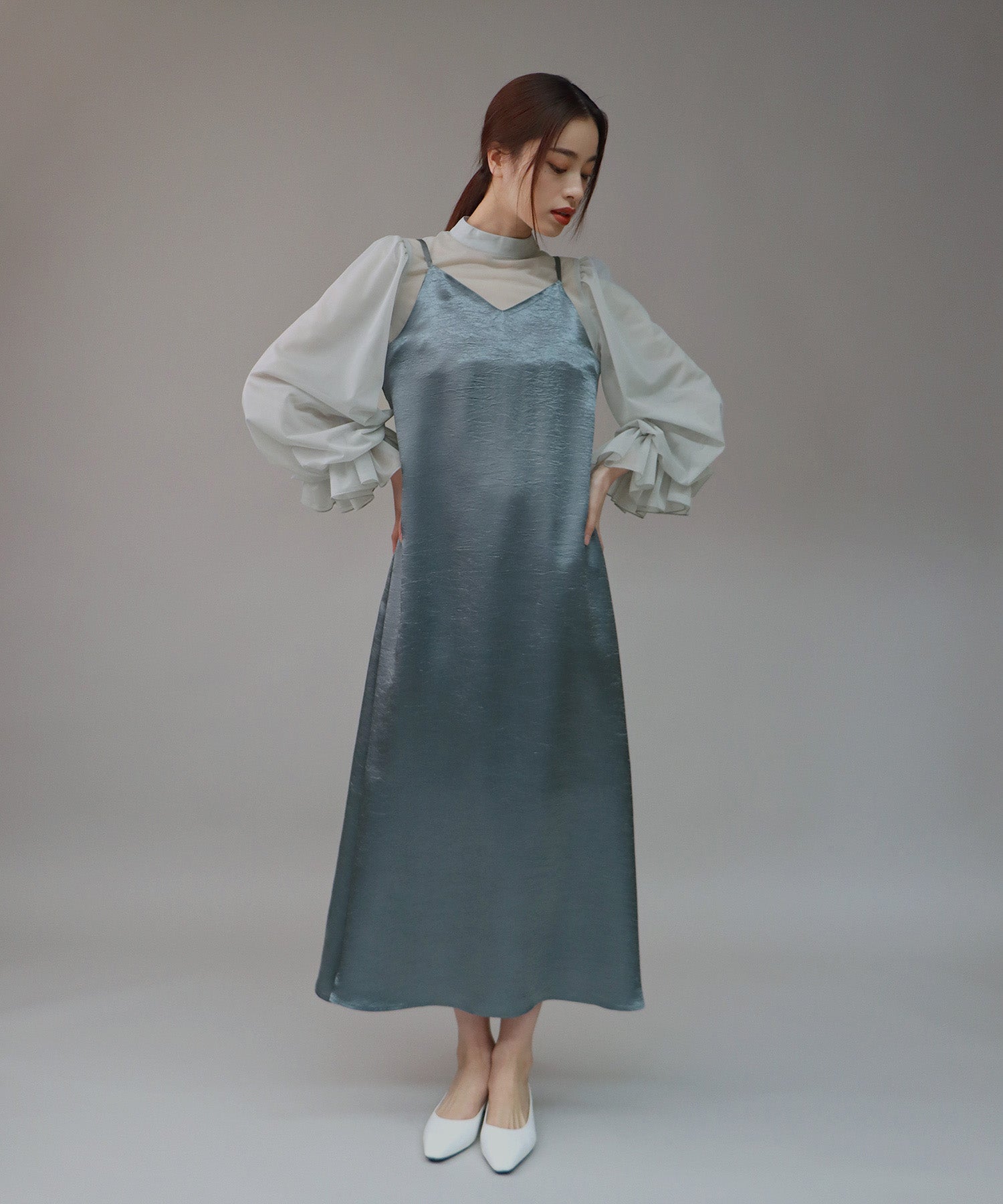 【SALE】日本製 配色シースルードッキングキャミワンピースドレス