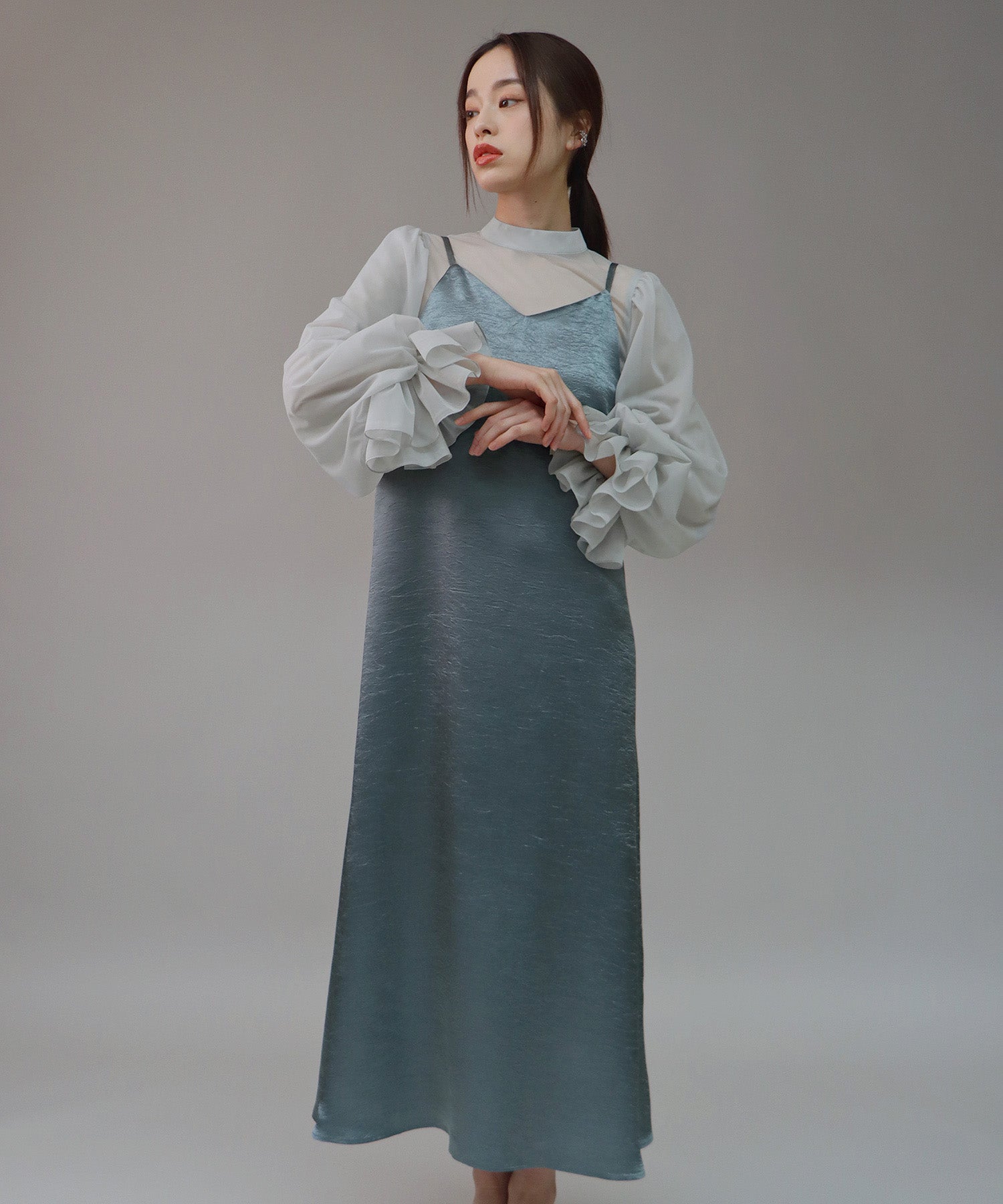 【SALE】日本製 配色シースルードッキングキャミワンピースドレス