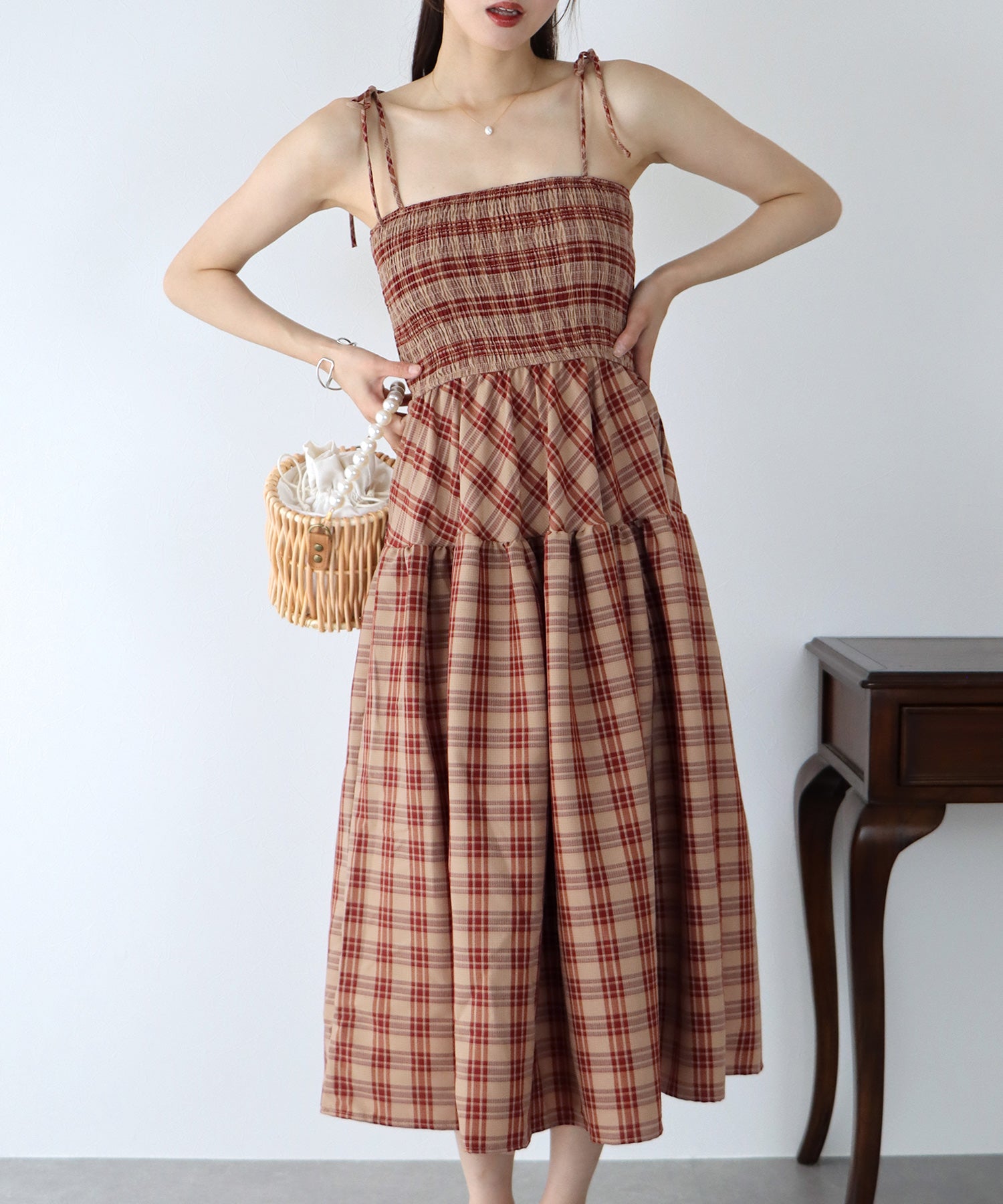 【SALE】ティアードチェックキャミワンピース
