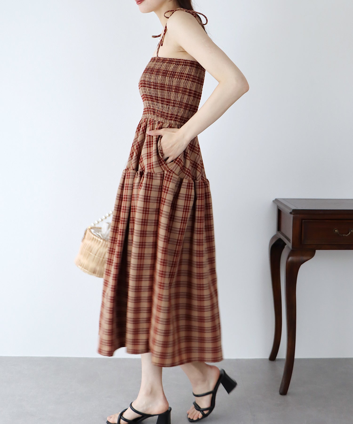 【SALE】ティアードチェックキャミワンピース
