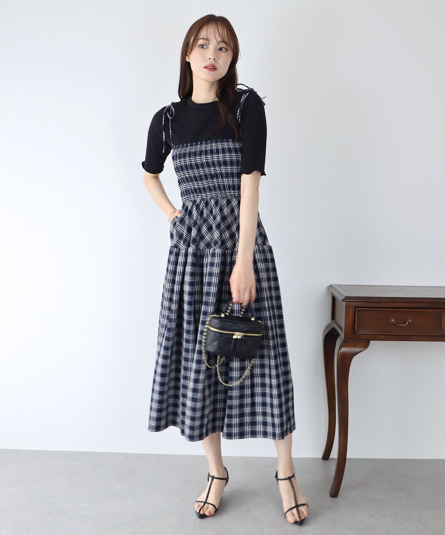 【SALE】ティアードチェックキャミワンピース