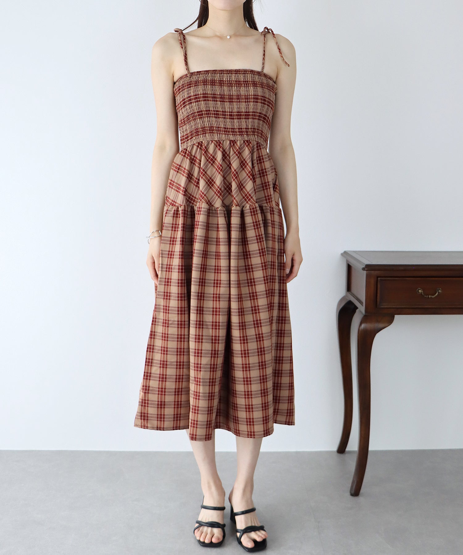 【SALE】ティアードチェックキャミワンピース
