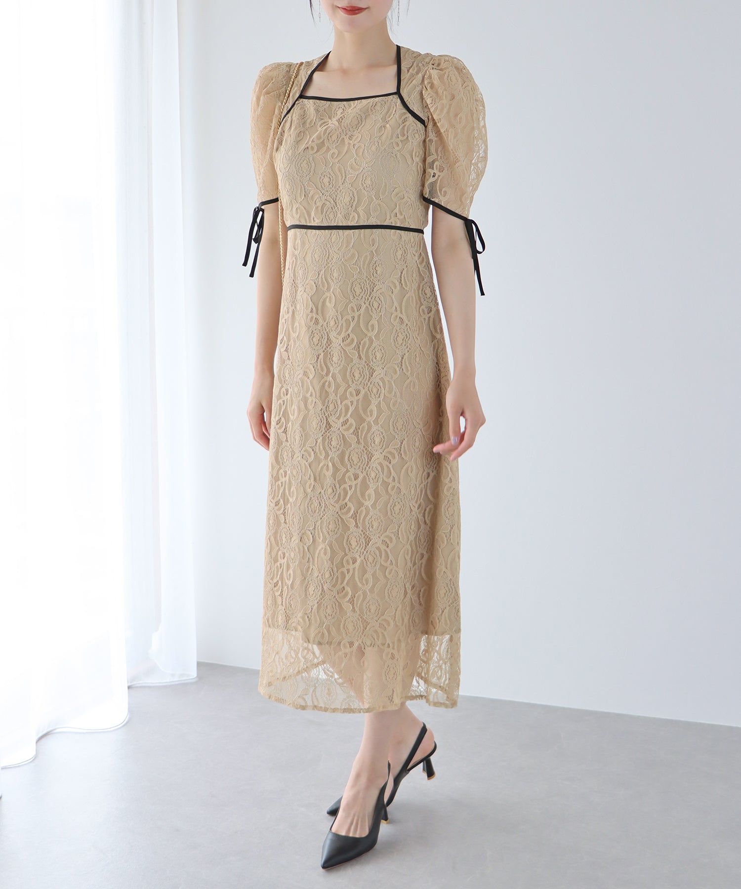 【SALE】配色パイピングレースパーティードレス