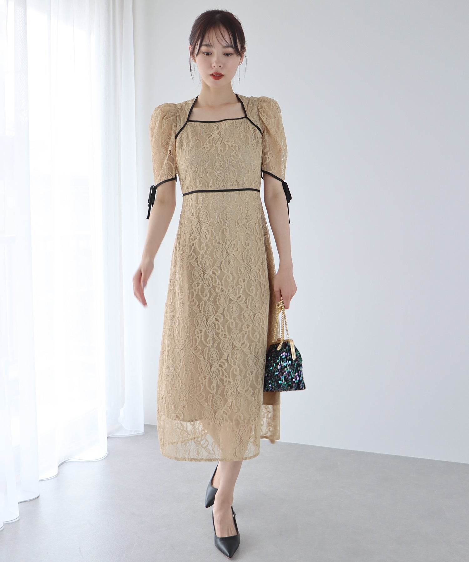 【SALE】配色パイピングレースパーティードレス