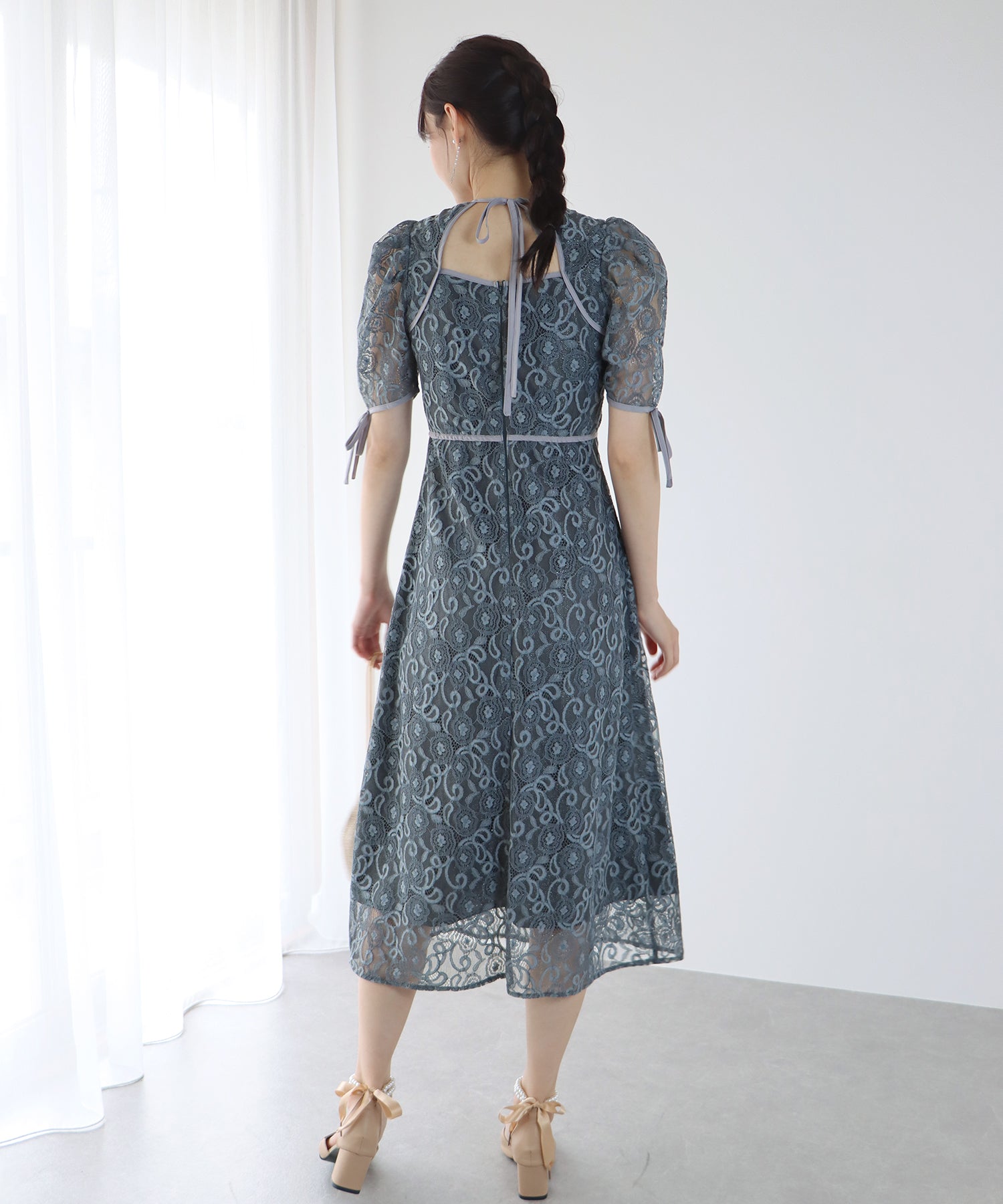 【SALE】配色パイピングレースパーティードレス