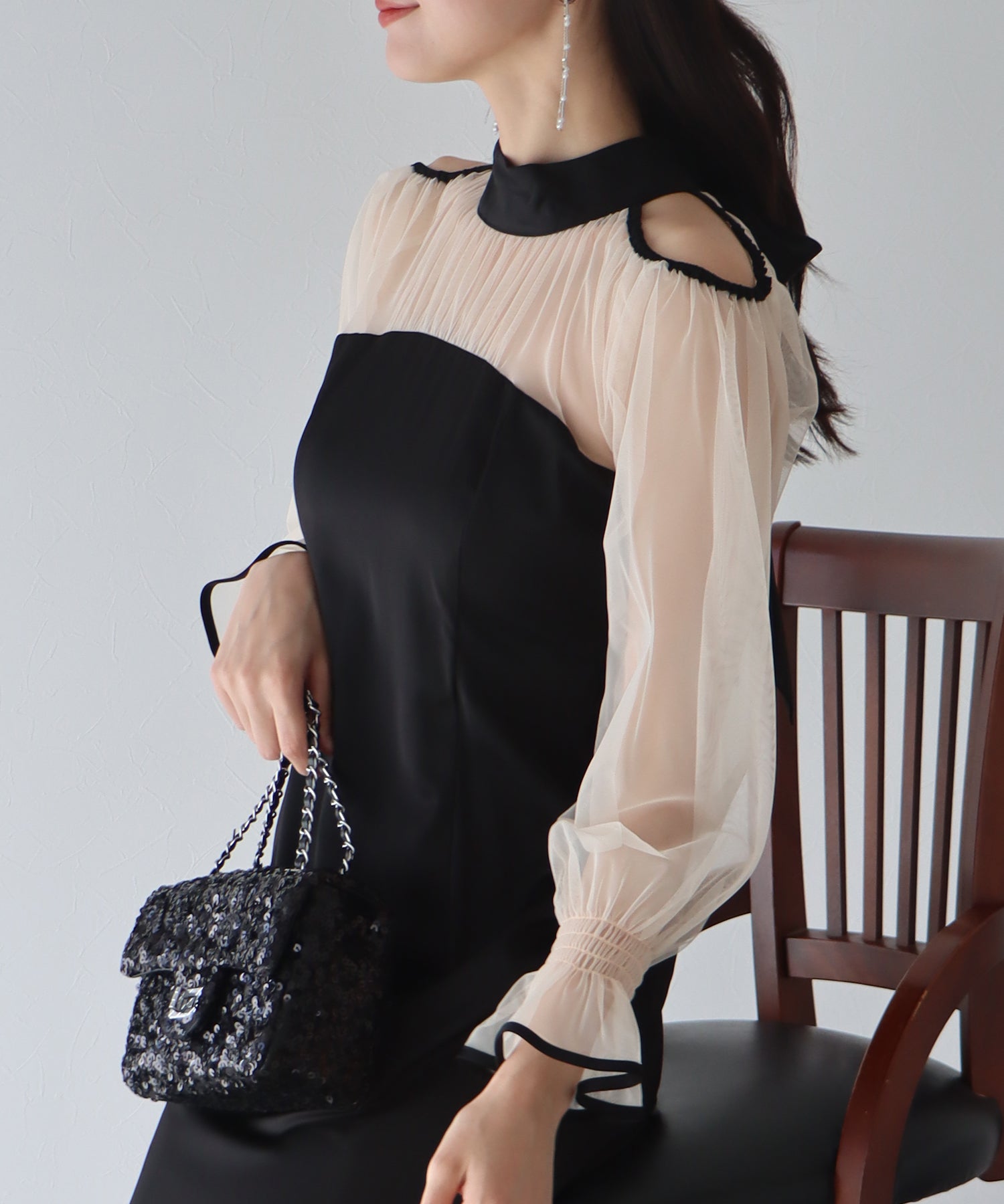 【TIME SALE】カットアウトチュールマーメイドパーティードレス