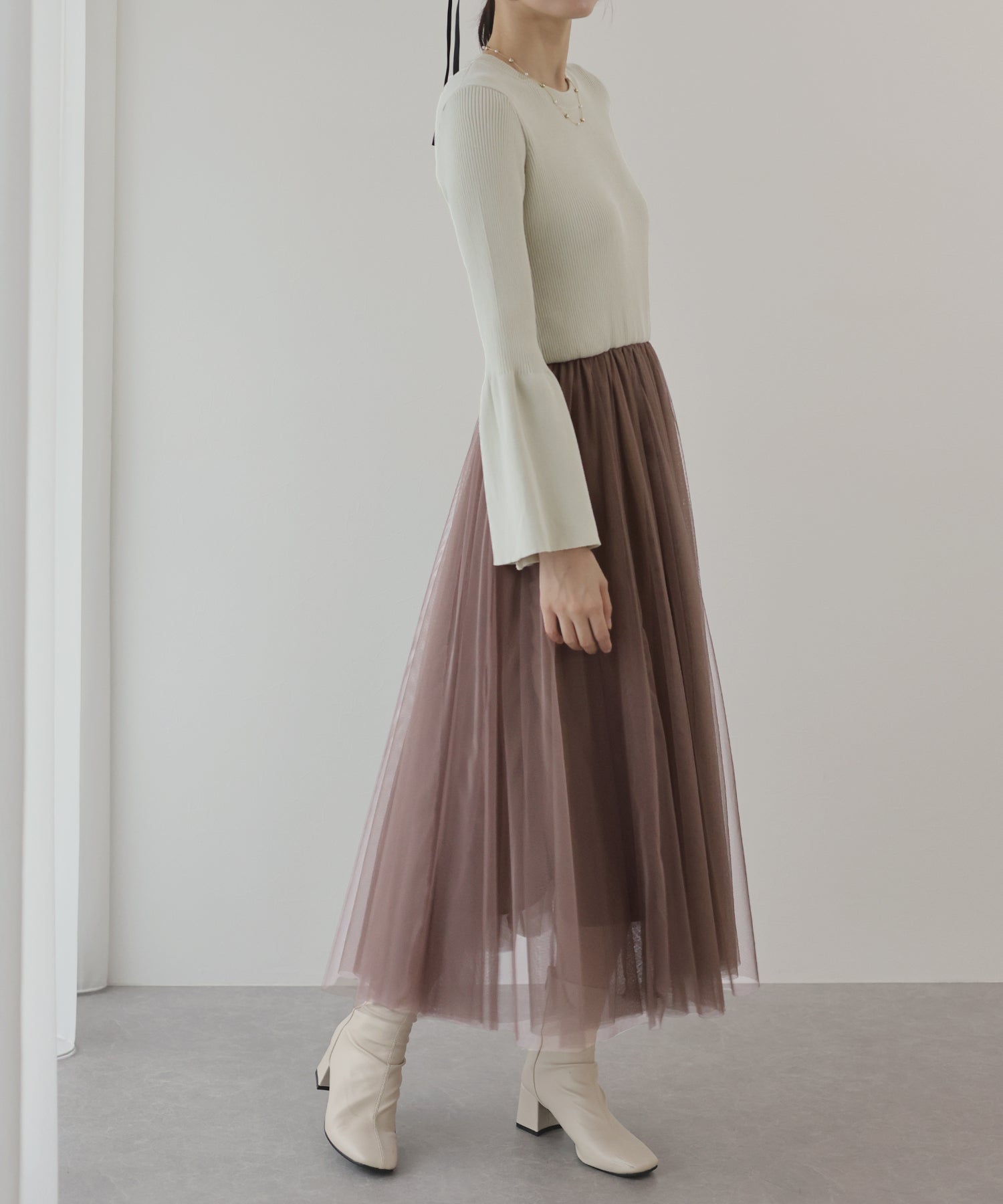 【SALE】チュールニットドッキングワンピース