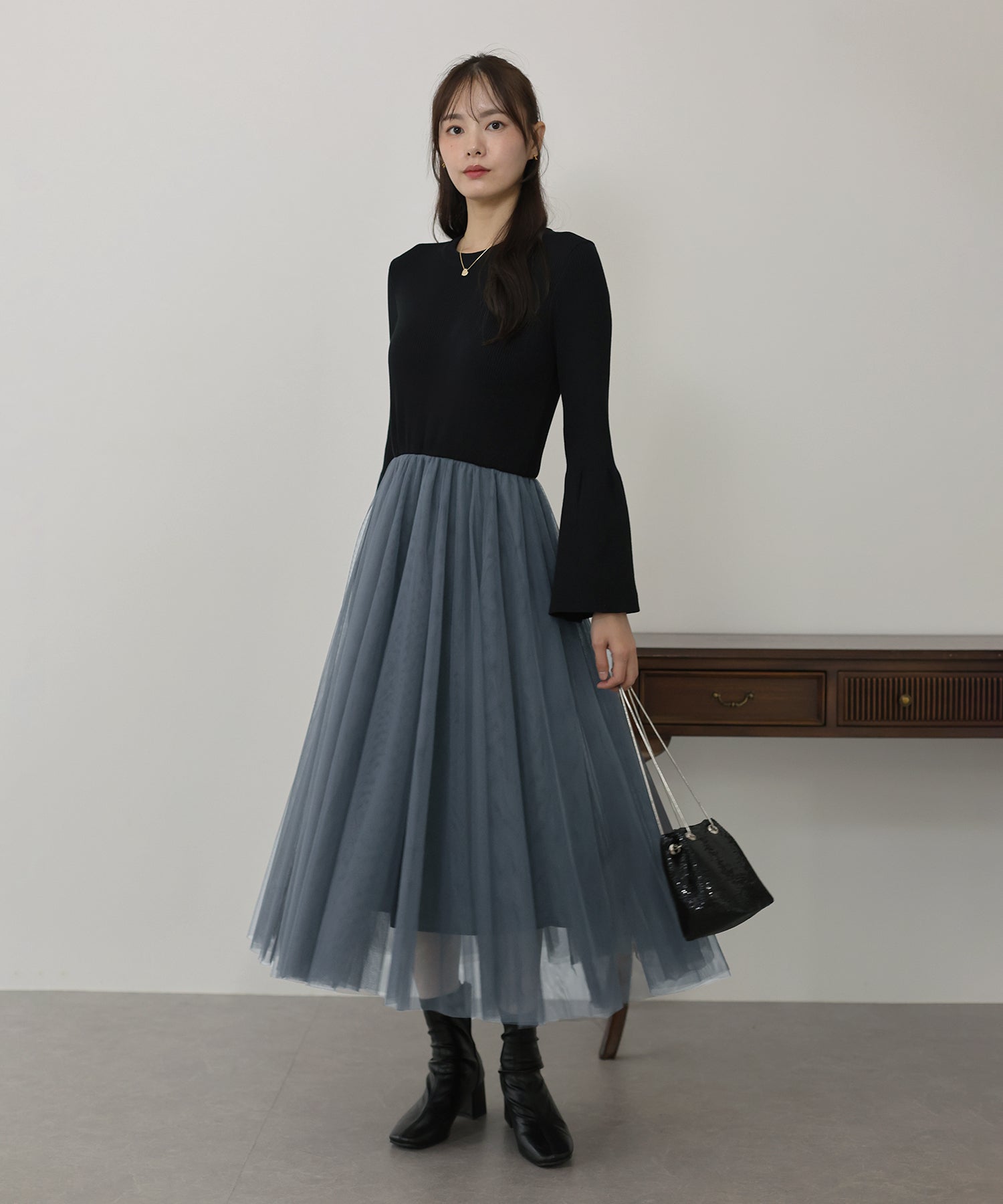 【SALE】チュールニットドッキングワンピース