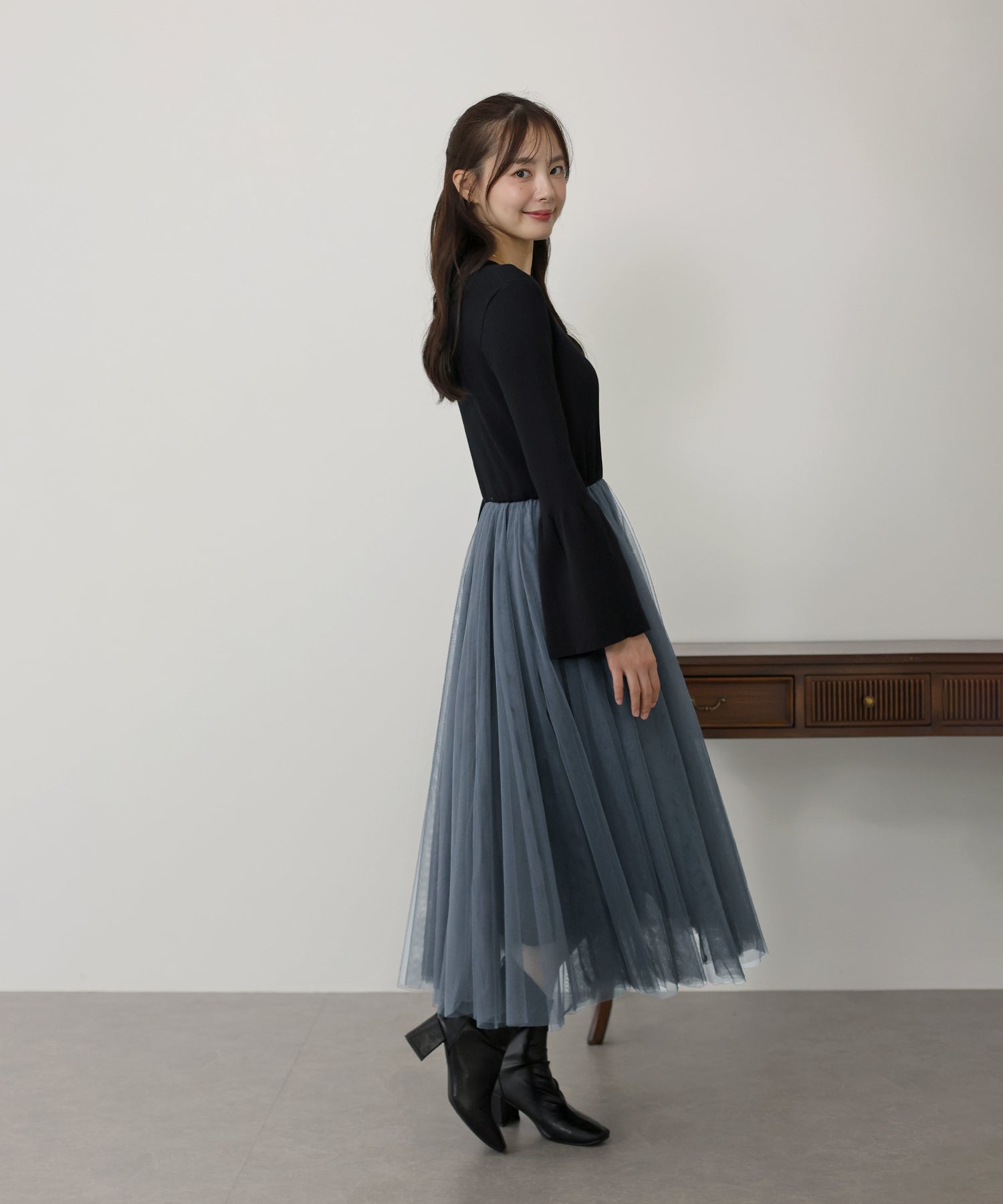 【SALE】チュールニットドッキングワンピース