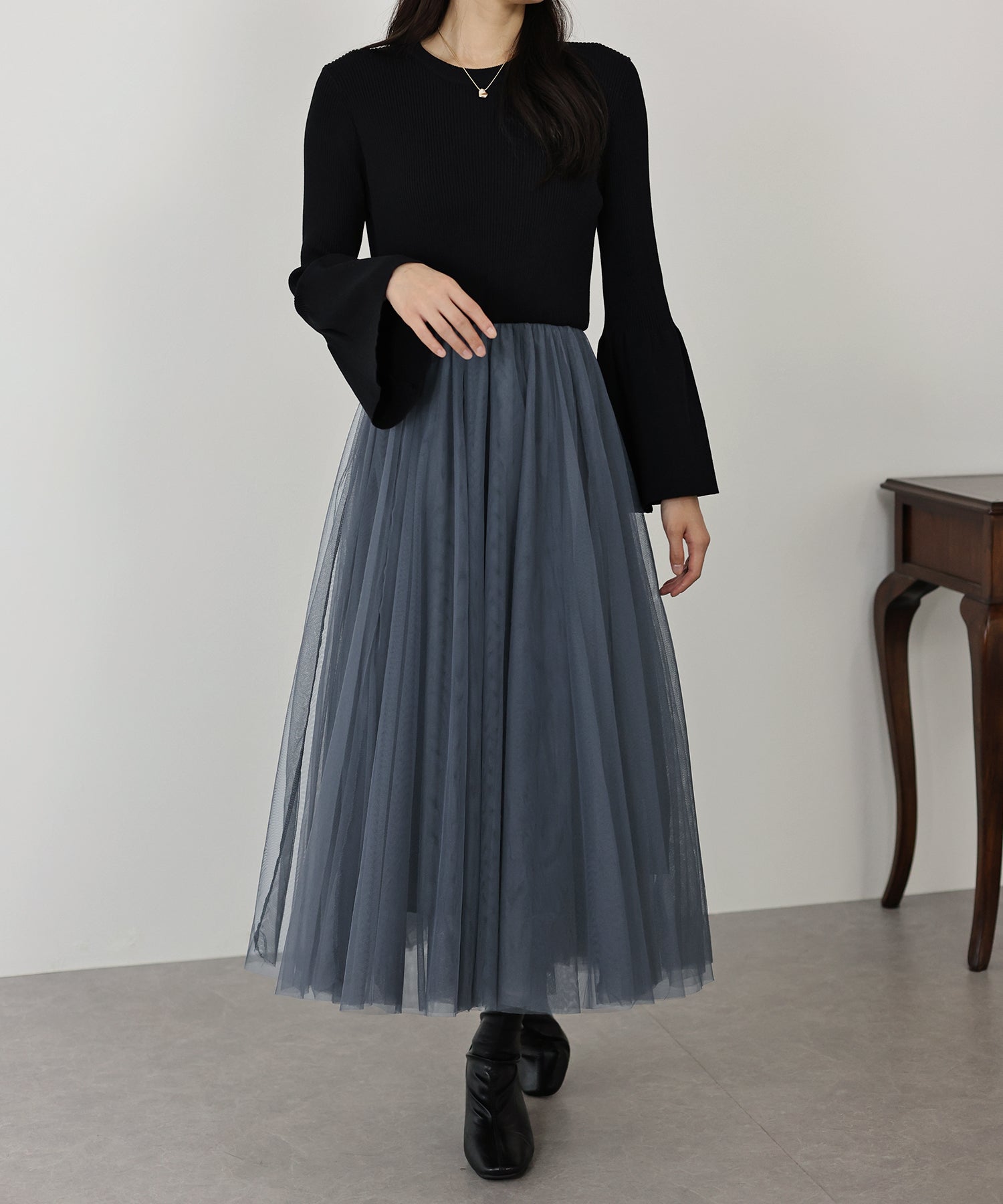 【SALE】チュールニットドッキングワンピース