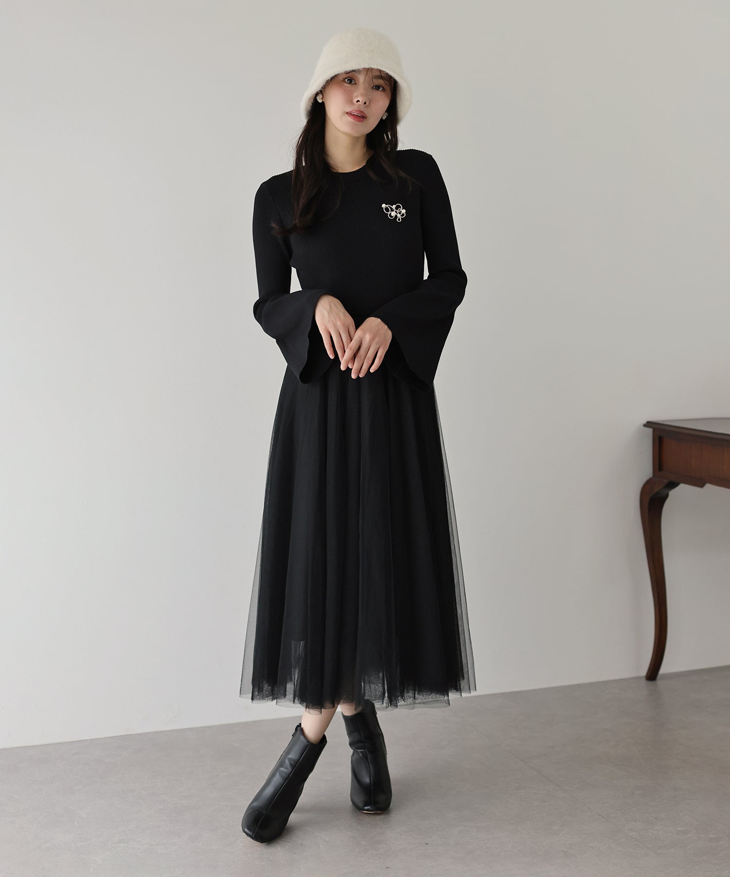 【SALE】チュールニットドッキングワンピース