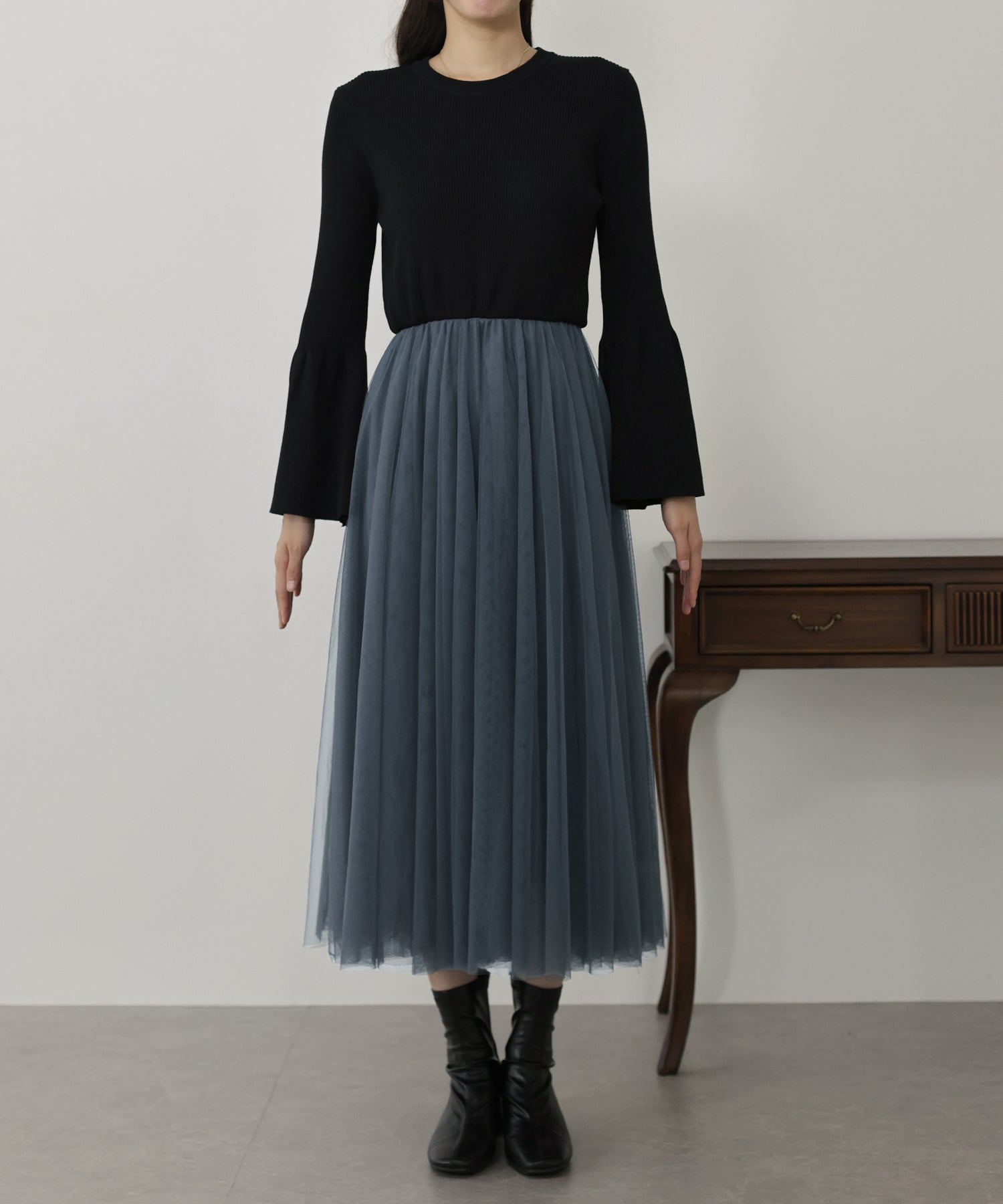 【SALE】チュールニットドッキングワンピース