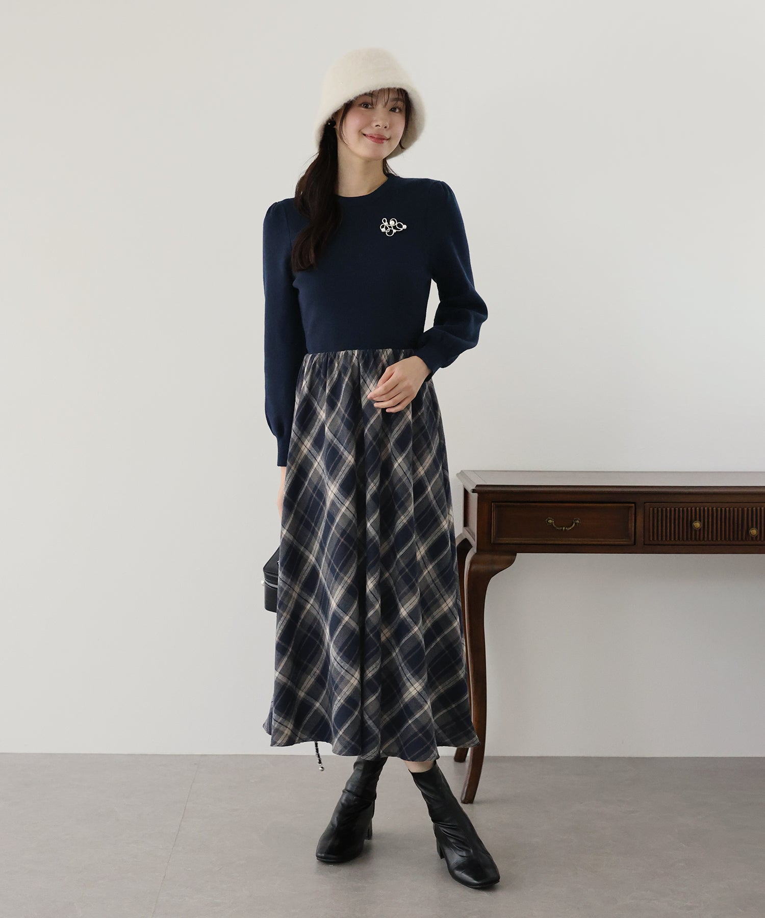 【TIME SALE】チェックドッキングニットワンピース