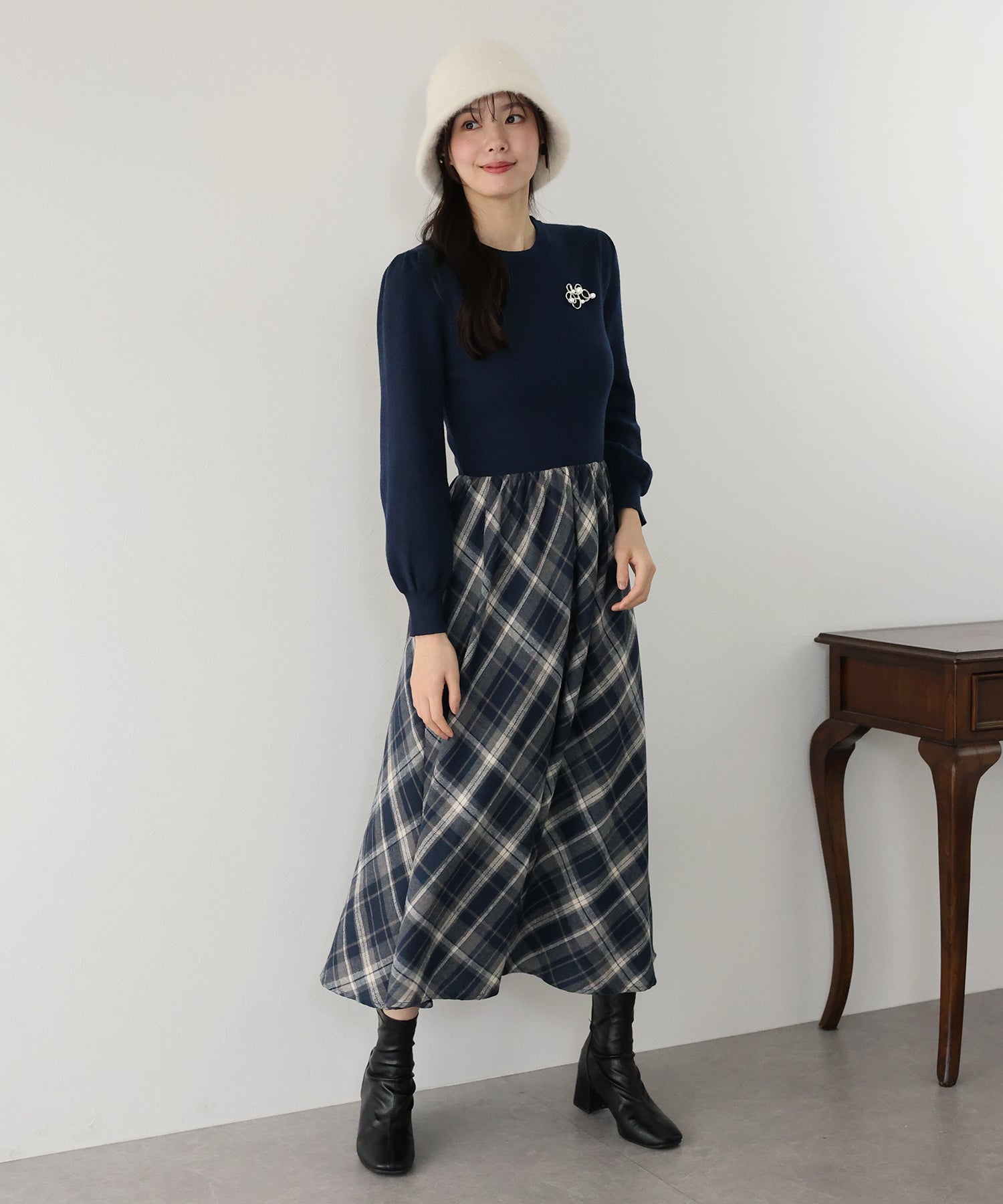 【TIME SALE】チェックドッキングニットワンピース