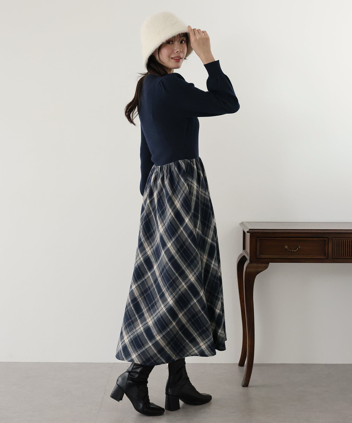 【TIME SALE】チェックドッキングニットワンピース