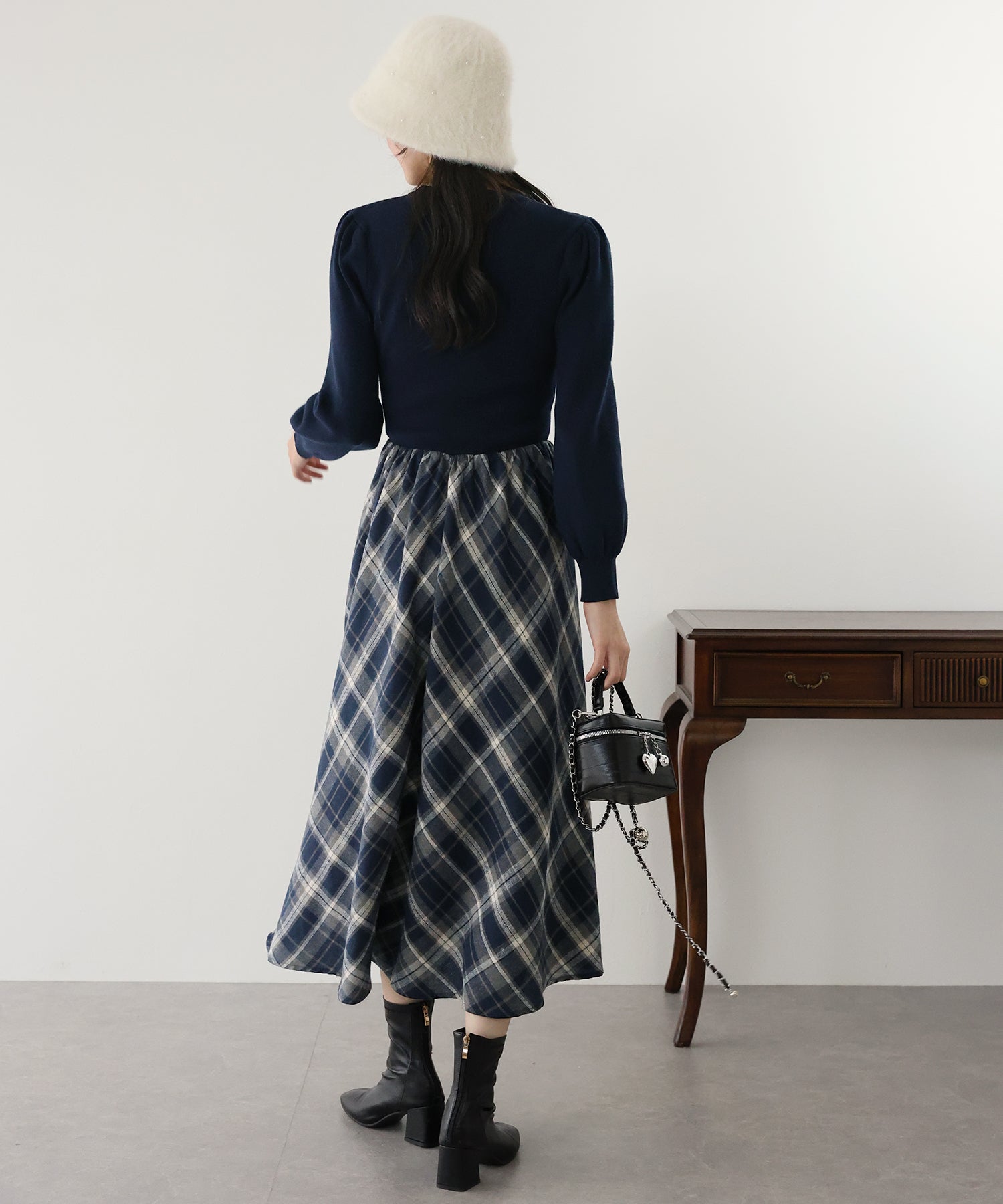 【TIME SALE】チェックドッキングニットワンピース