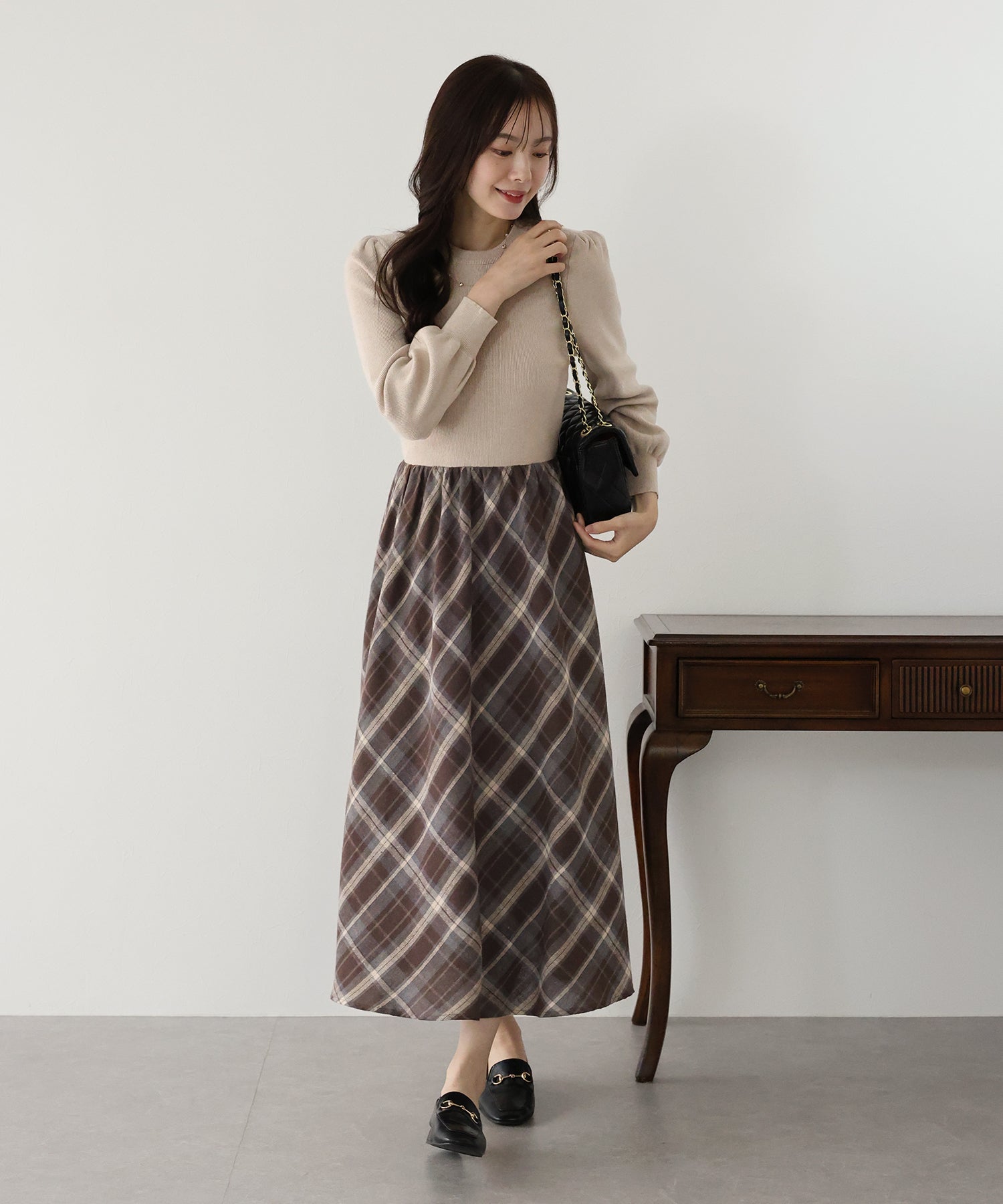 【TIME SALE】チェックドッキングニットワンピース