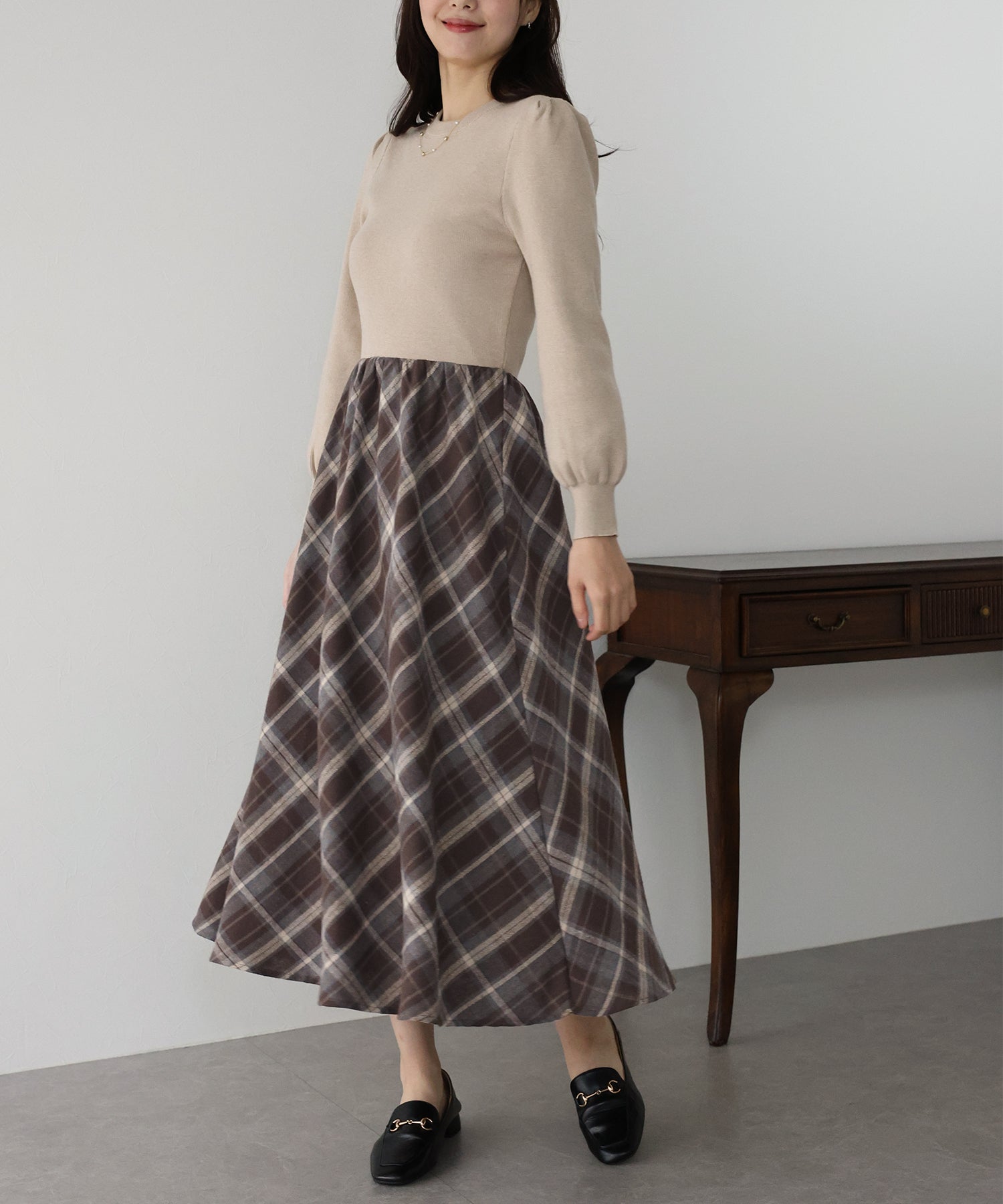 【TIME SALE】チェックドッキングニットワンピース