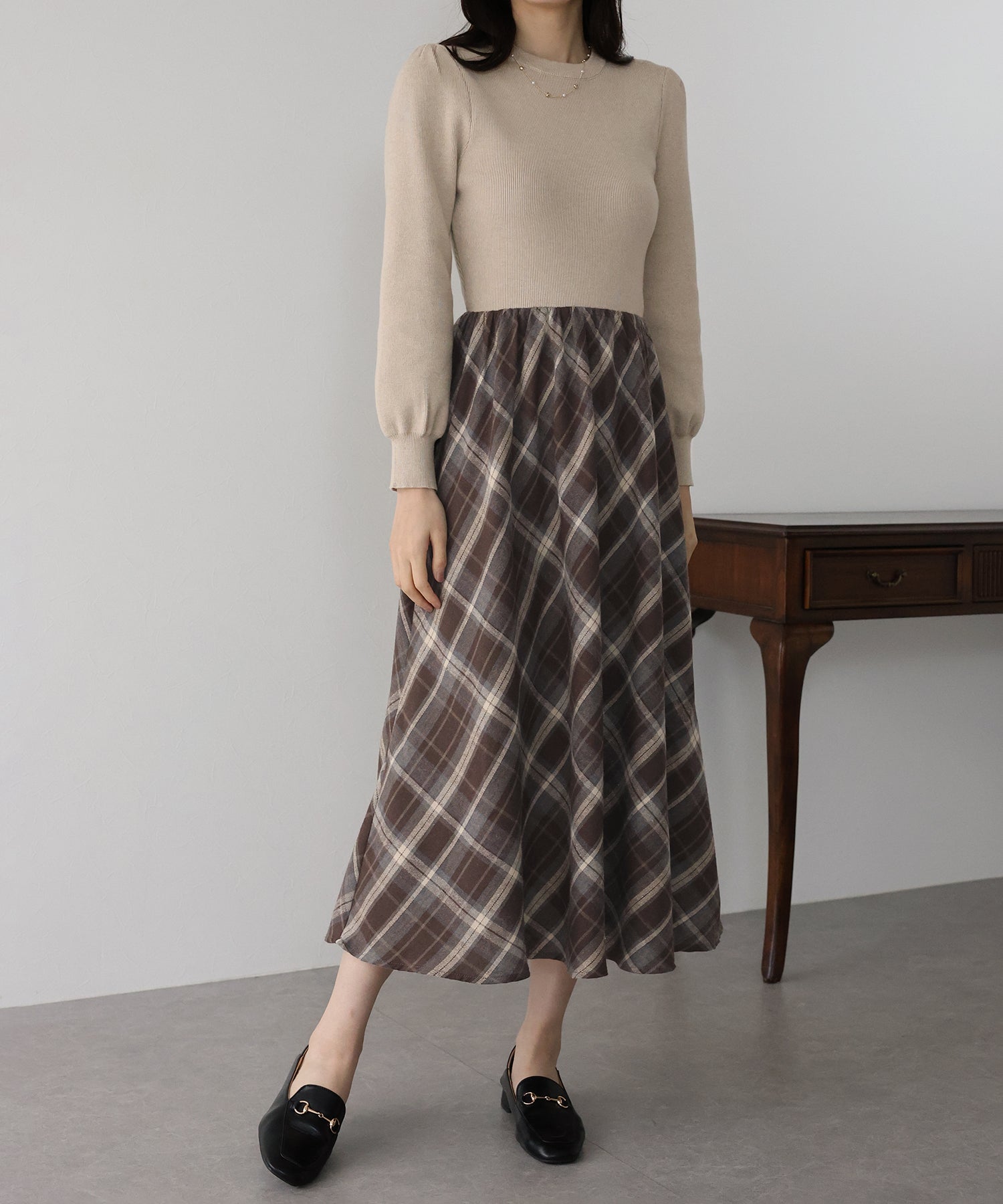 【TIME SALE】チェックドッキングニットワンピース