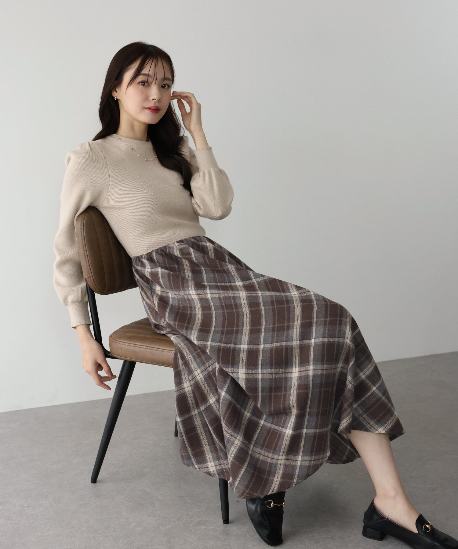 【TIME SALE】チェックドッキングニットワンピース