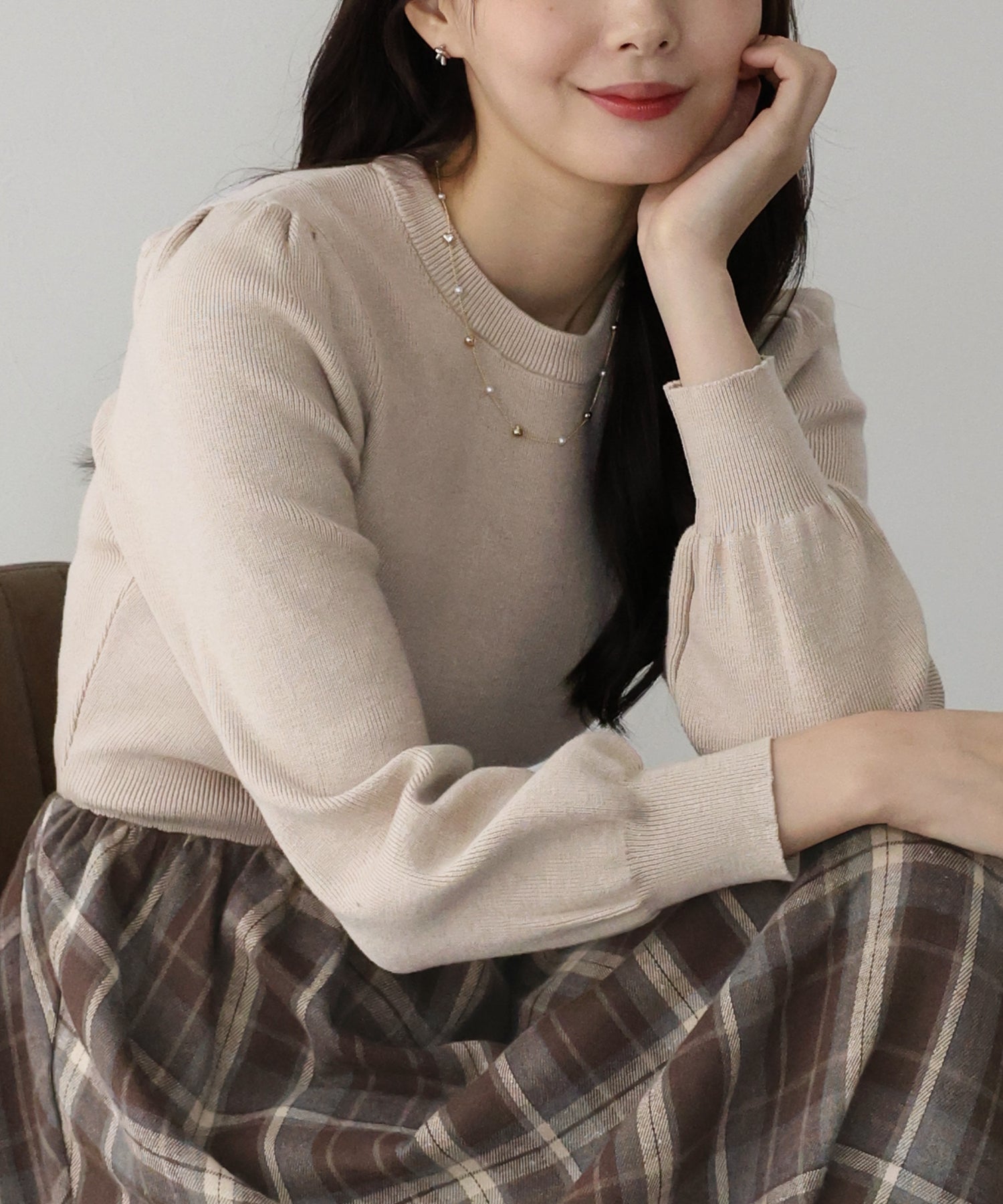 【TIME SALE】チェックドッキングニットワンピース