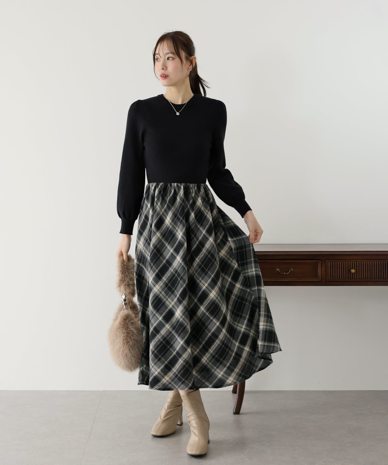 【TIME SALE】チェックドッキングニットワンピース