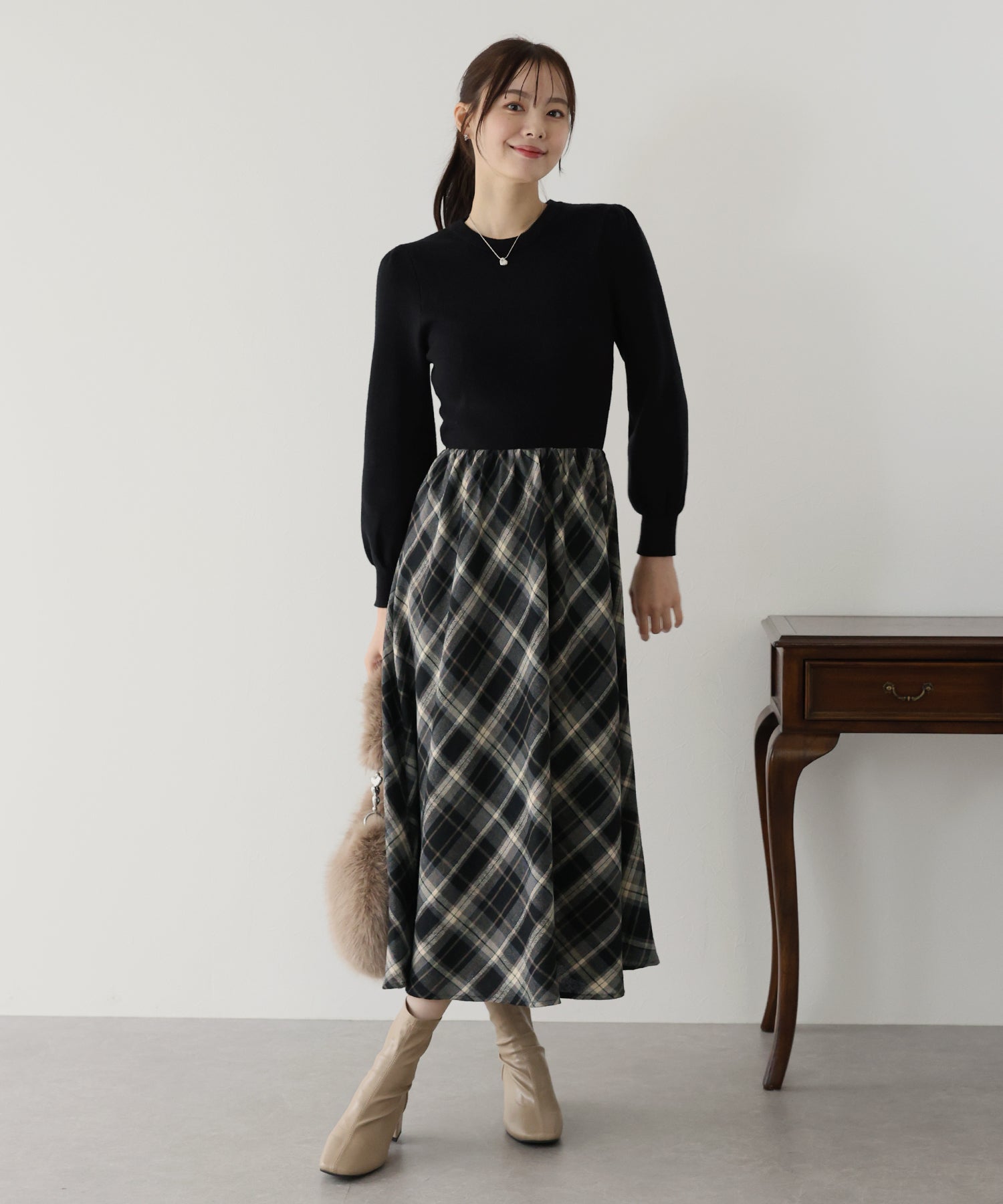 【TIME SALE】チェックドッキングニットワンピース