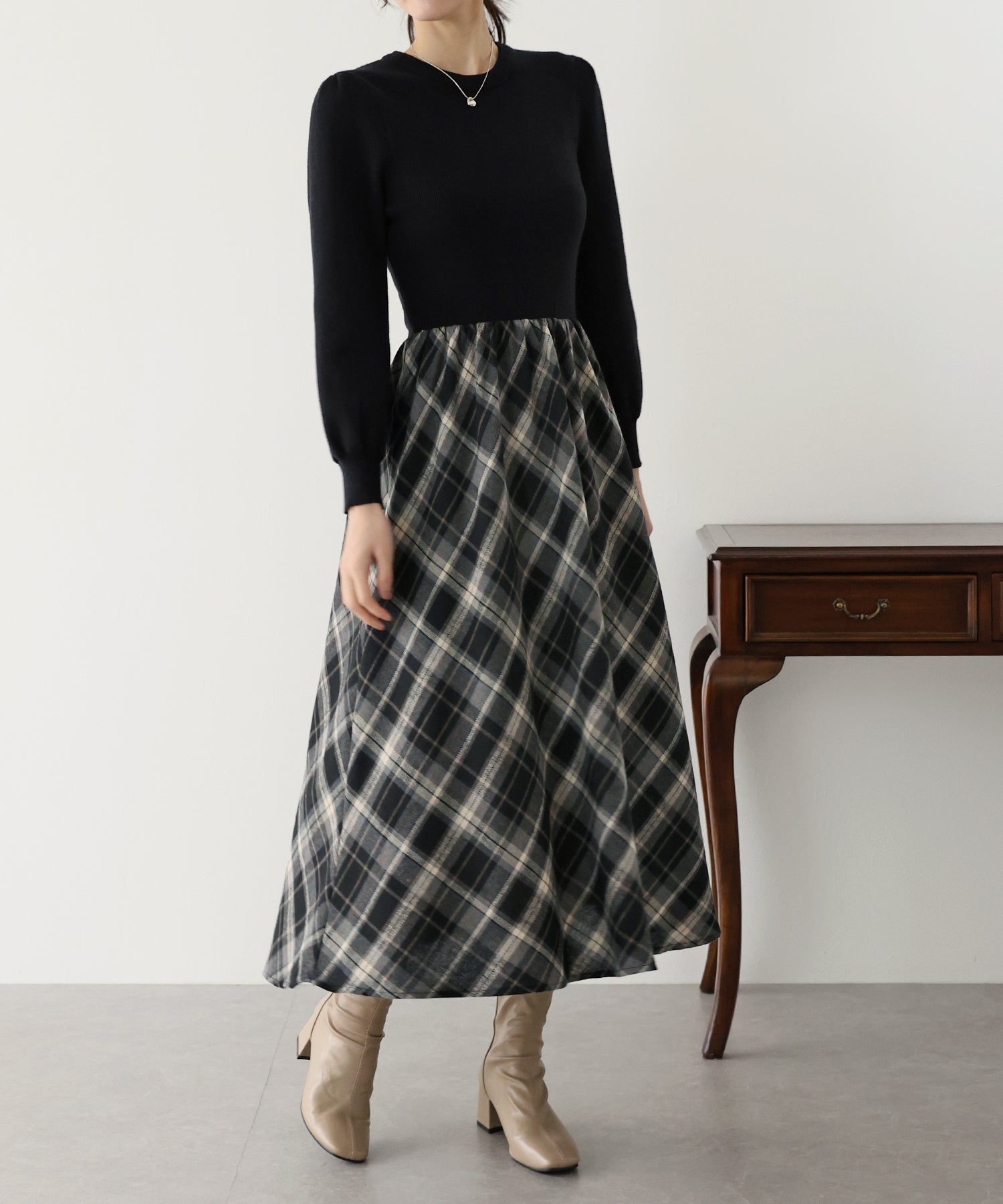 【TIME SALE】チェックドッキングニットワンピース