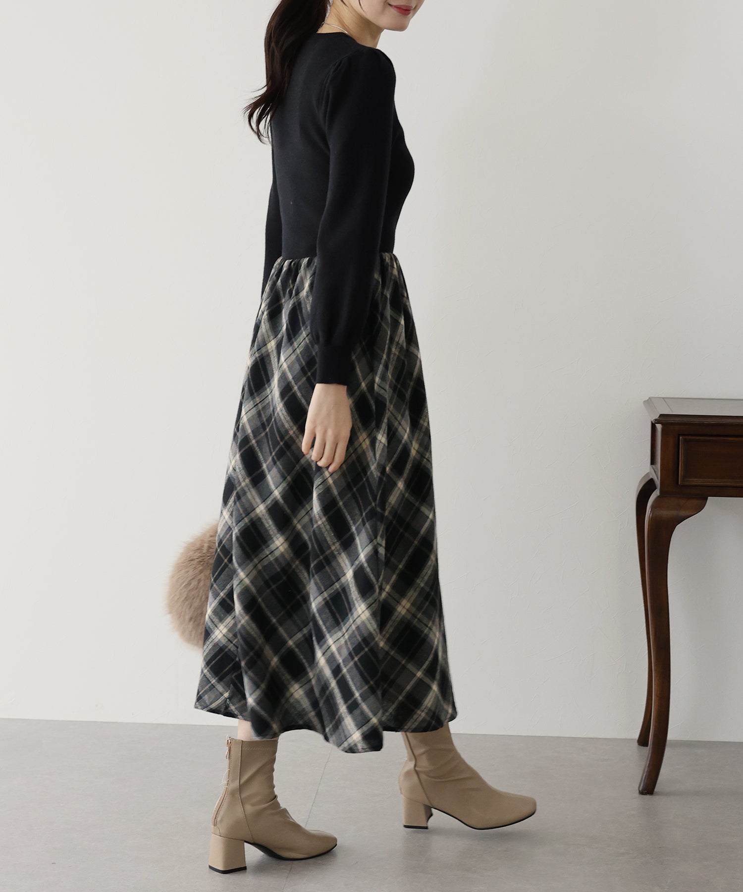 【TIME SALE】チェックドッキングニットワンピース