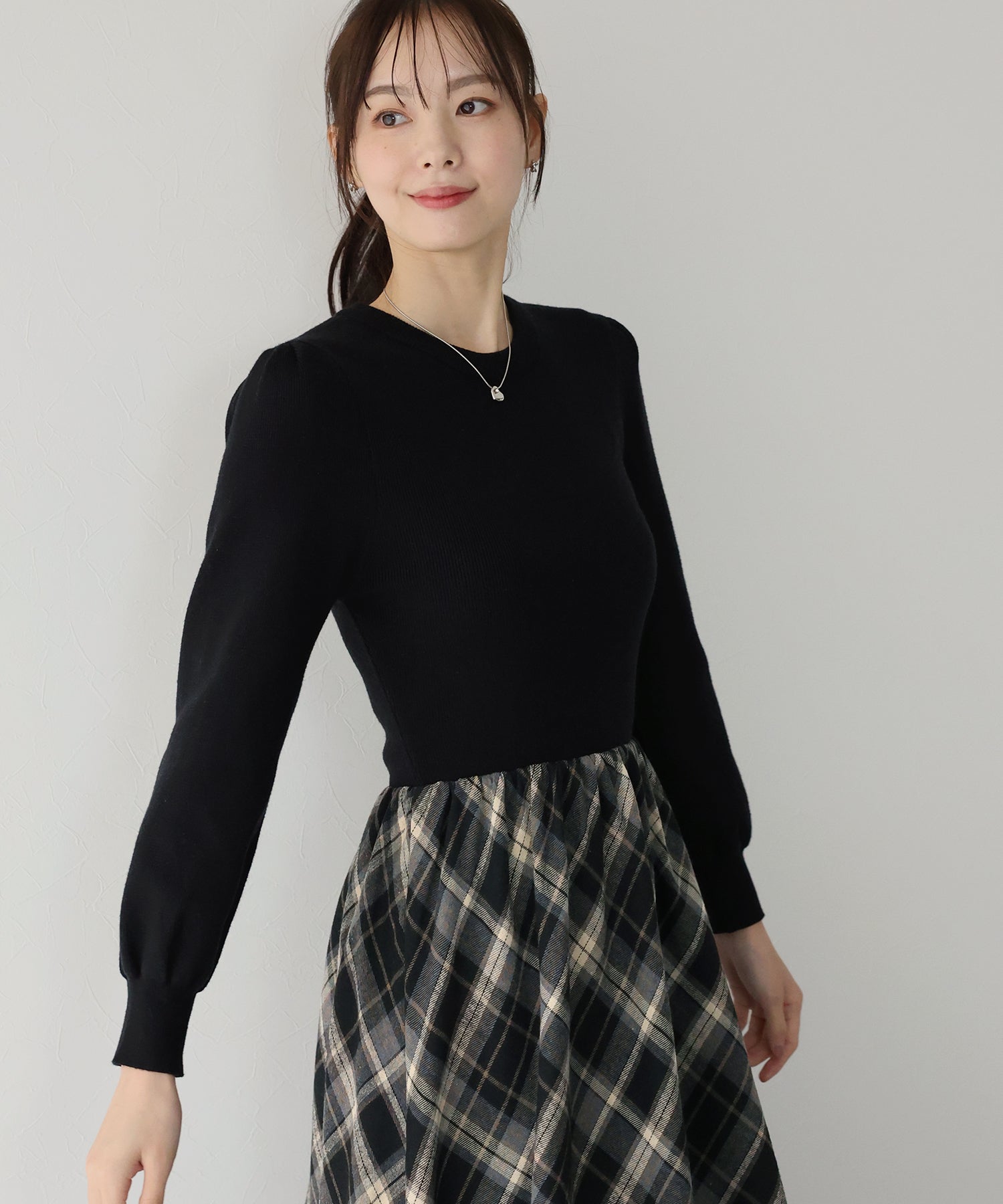 【TIME SALE】チェックドッキングニットワンピース