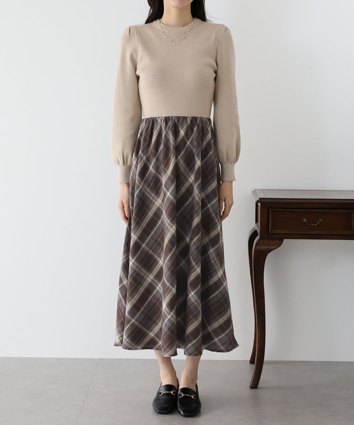 【TIME SALE】チェックドッキングニットワンピース