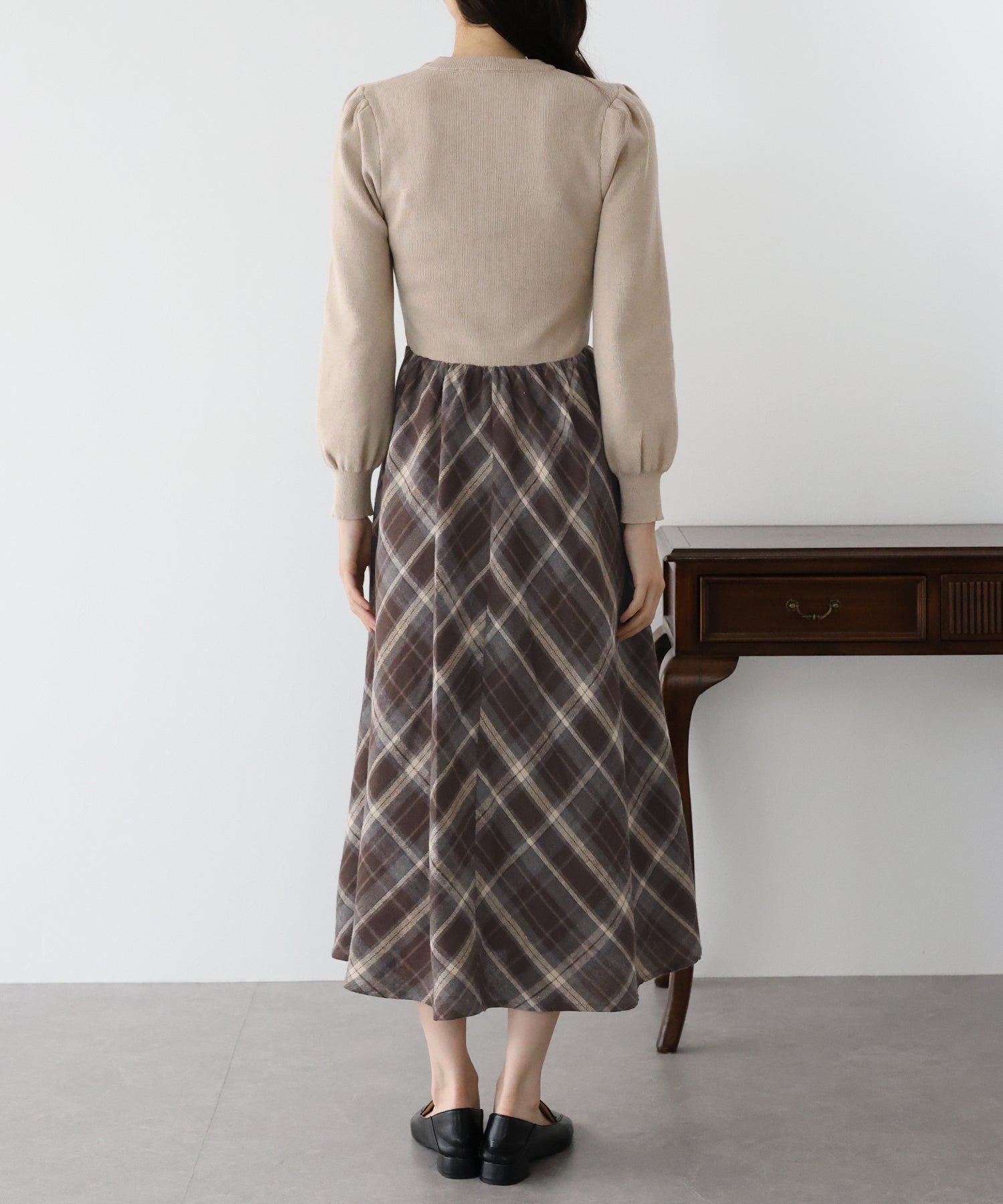 【TIME SALE】チェックドッキングニットワンピース