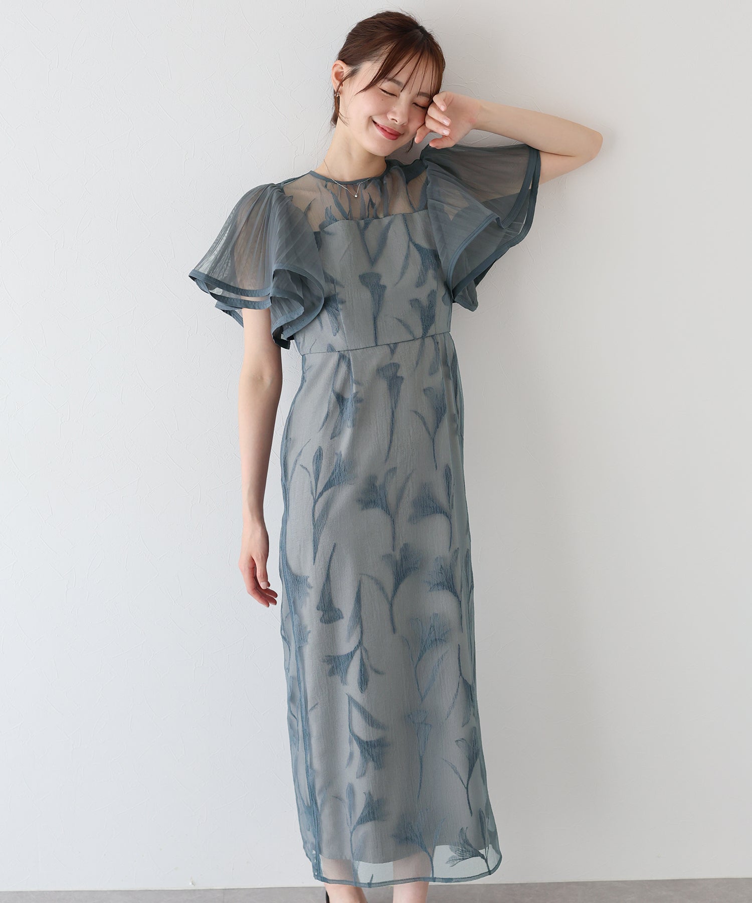 【TIME SALE】フリルスリーブフロッキードレス