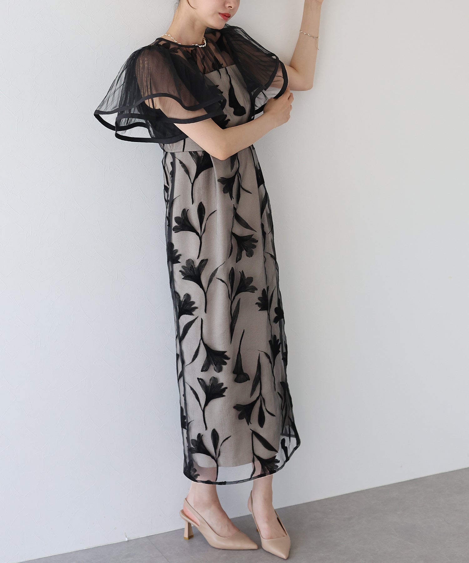 【TIME SALE】フリルスリーブフロッキードレス