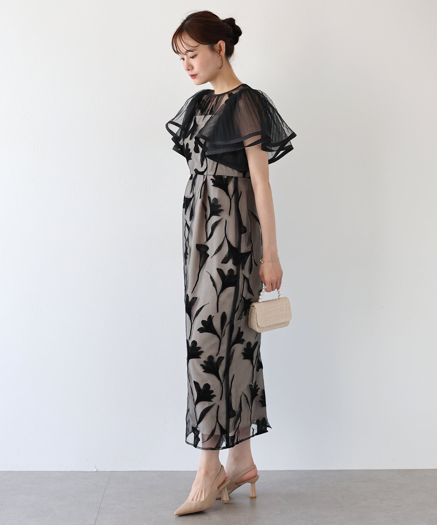 【TIME SALE】フリルスリーブフロッキードレス