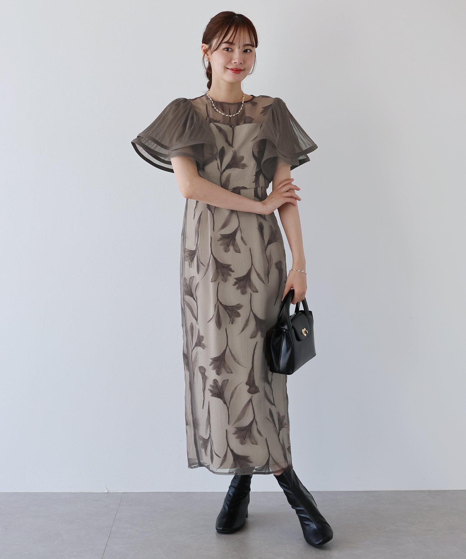 【TIME SALE】フリルスリーブフロッキードレス