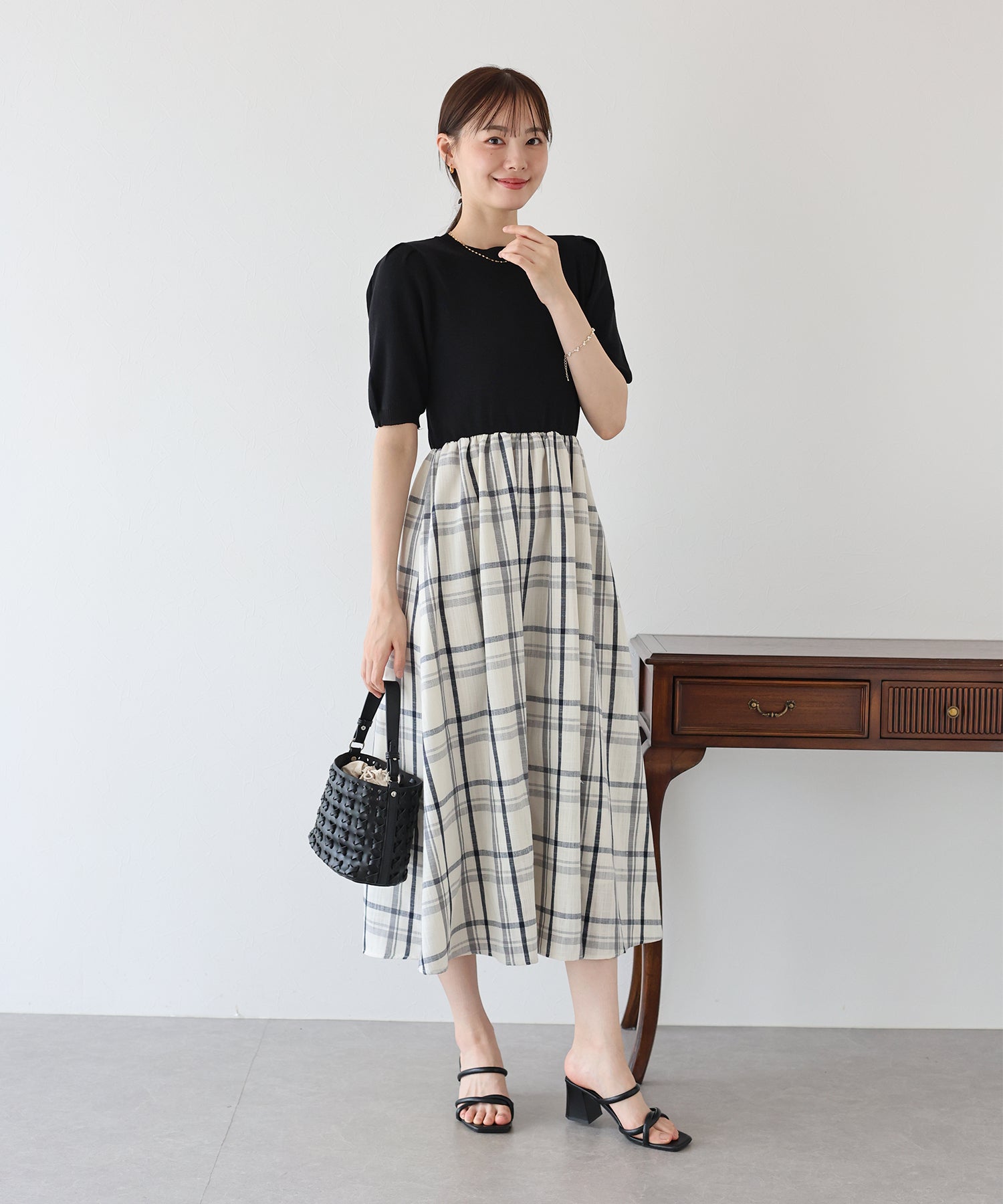 【SALE】チェックドッキングワンピース