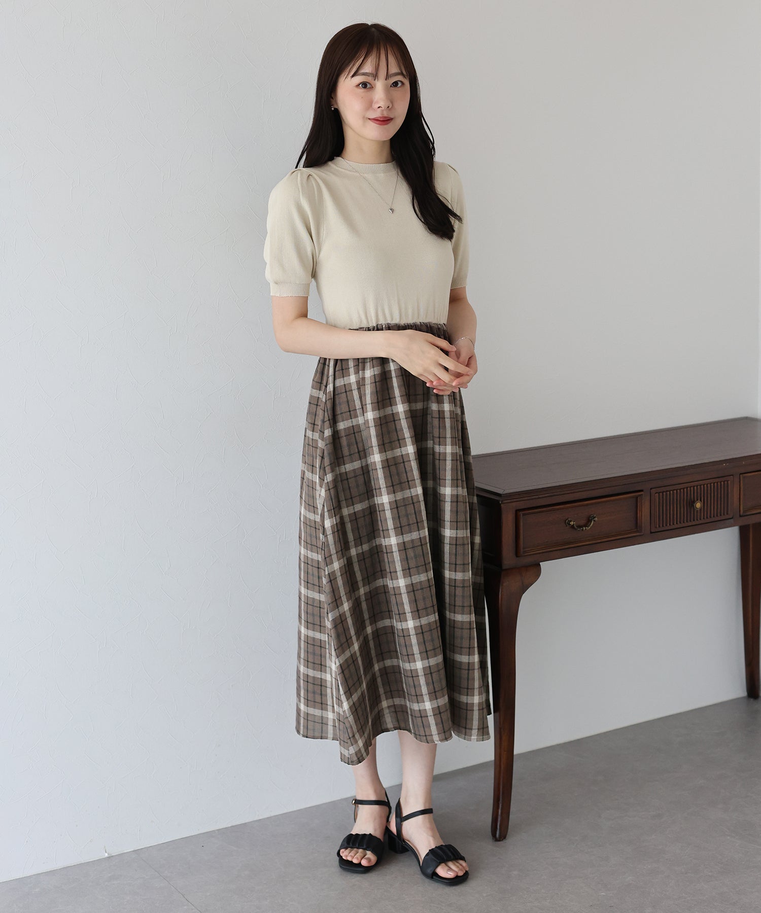 【SALE】チェックドッキングワンピース