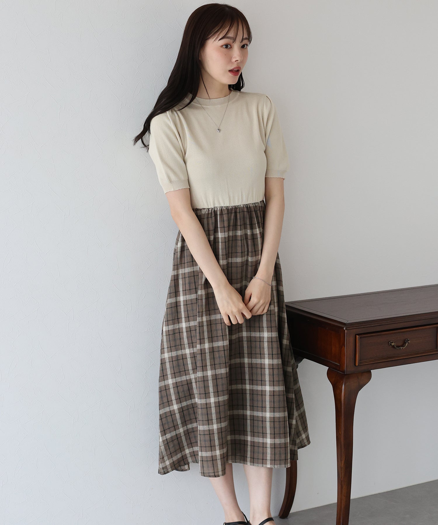 【SALE】チェックドッキングワンピース