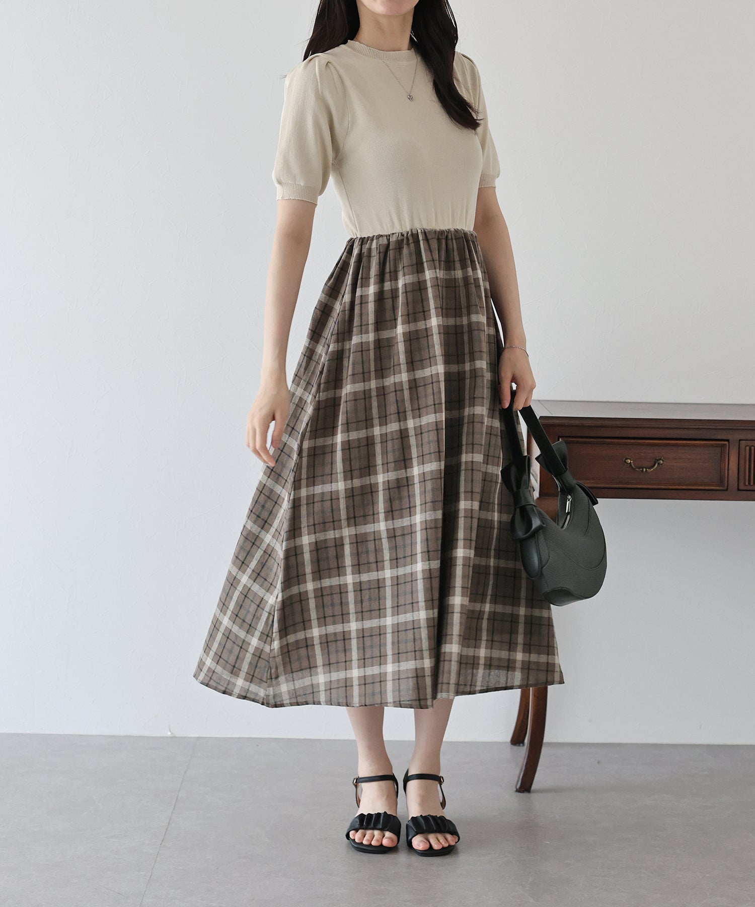 【SALE】チェックドッキングワンピース