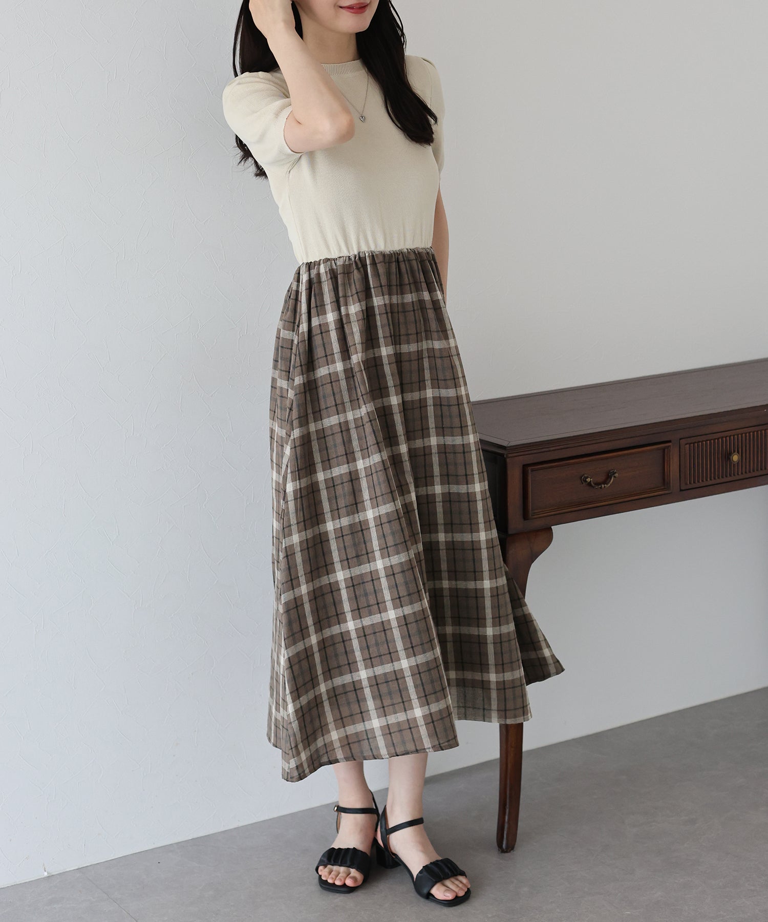 【SALE】チェックドッキングワンピース