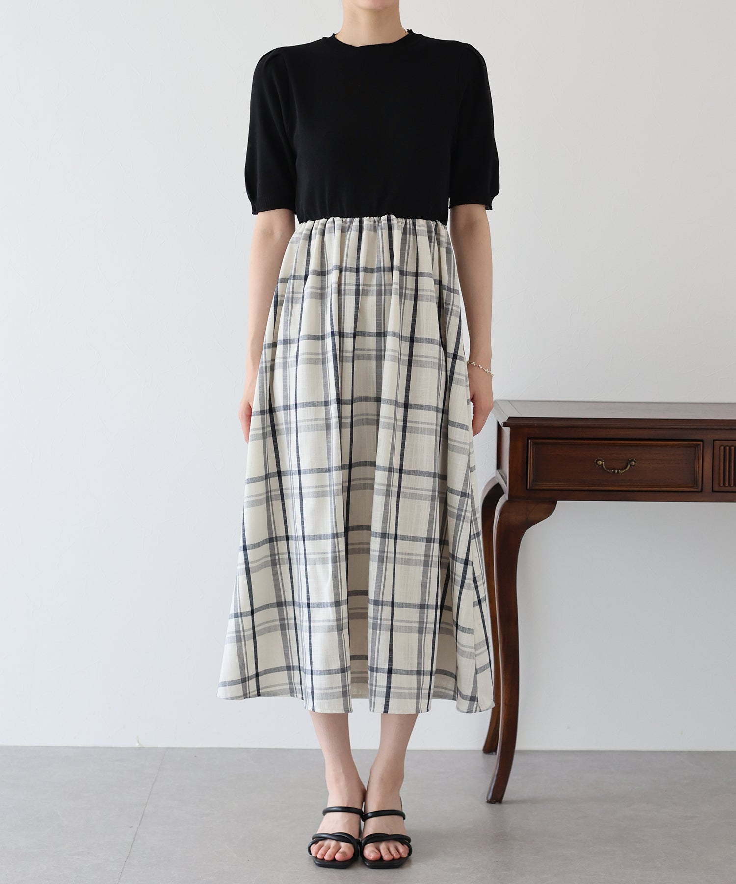 【SALE】チェックドッキングワンピース