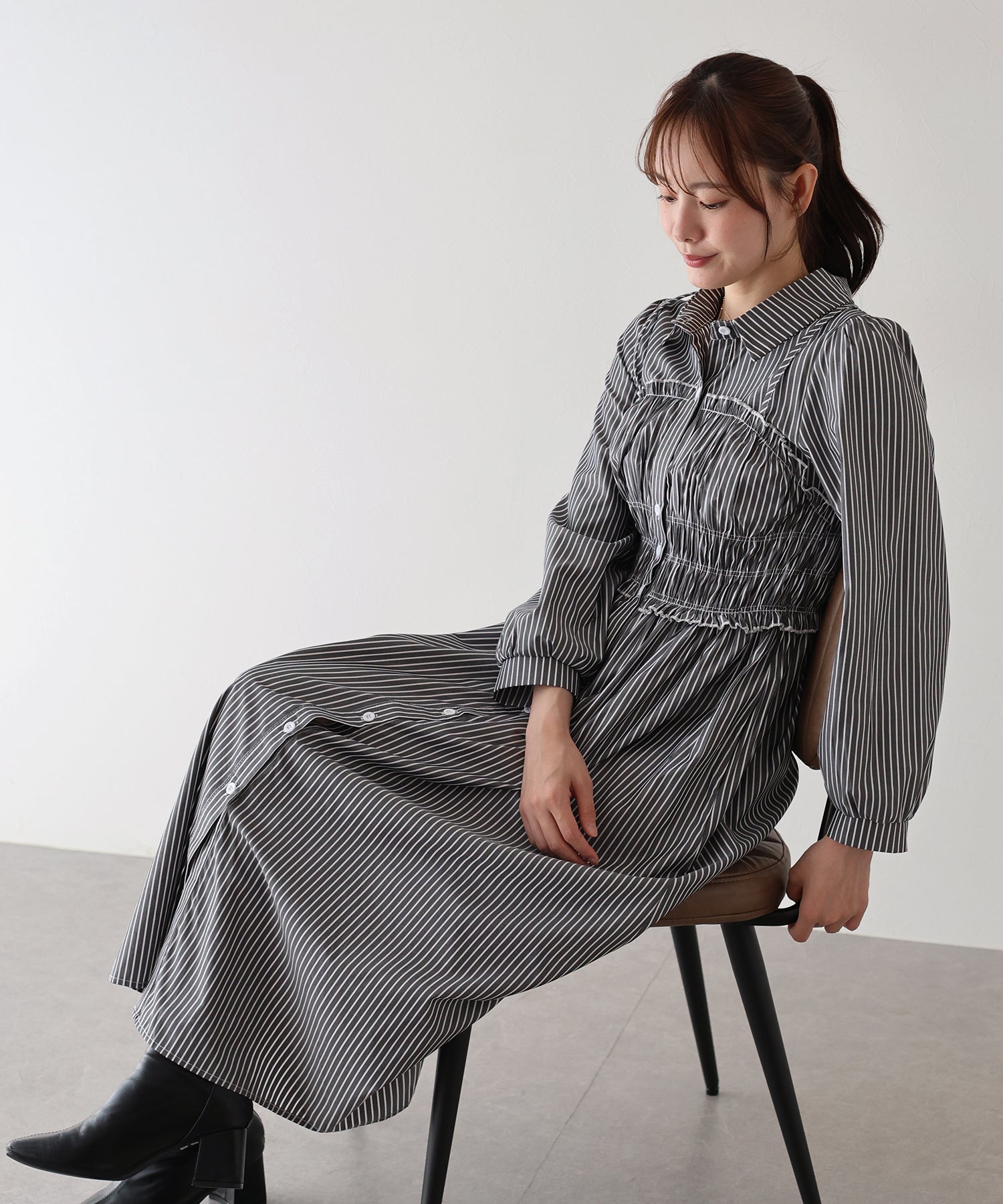 【TIME SALE】シャーリングシャツワンピース