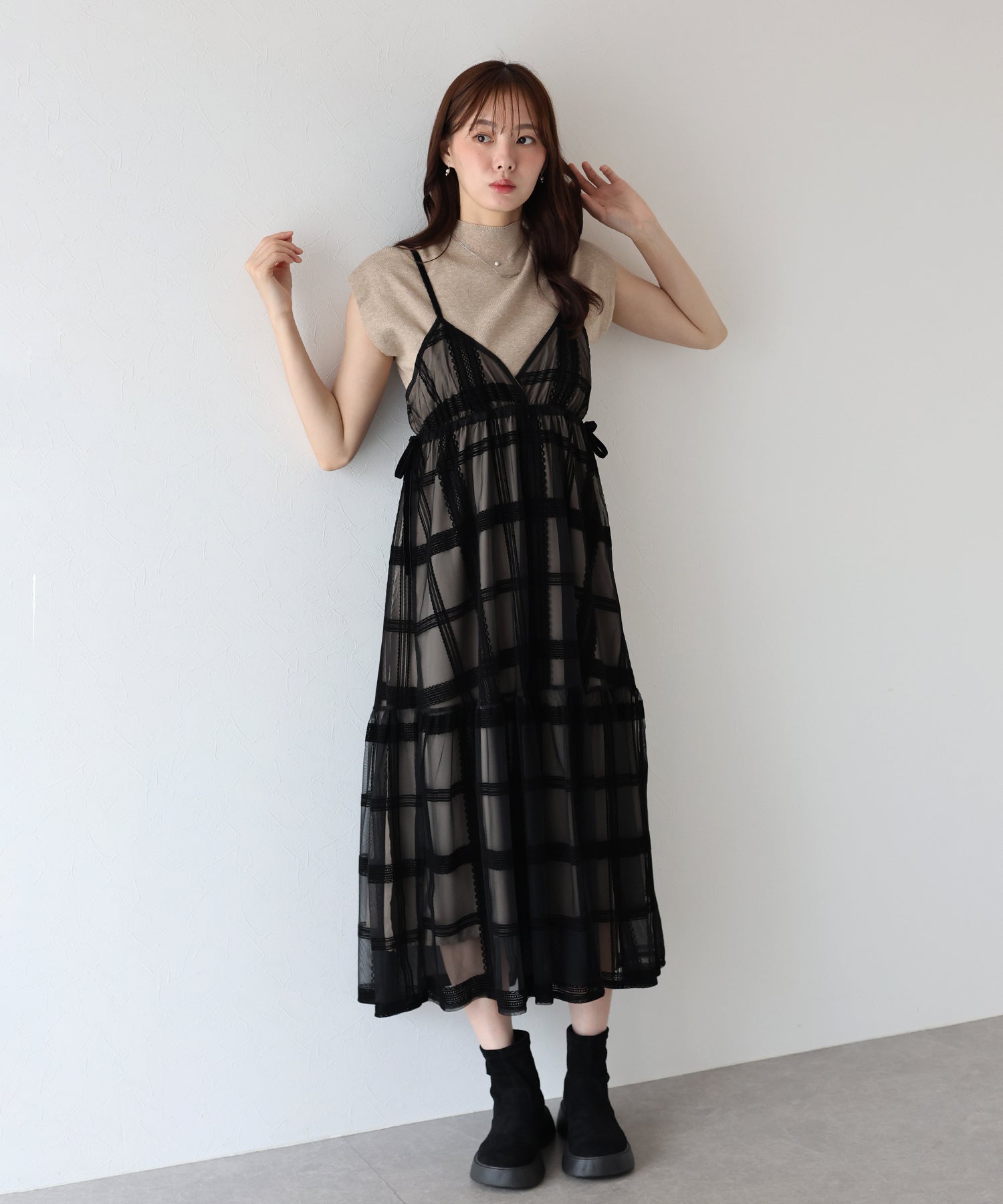 フロッキーチェックキャミワンピース