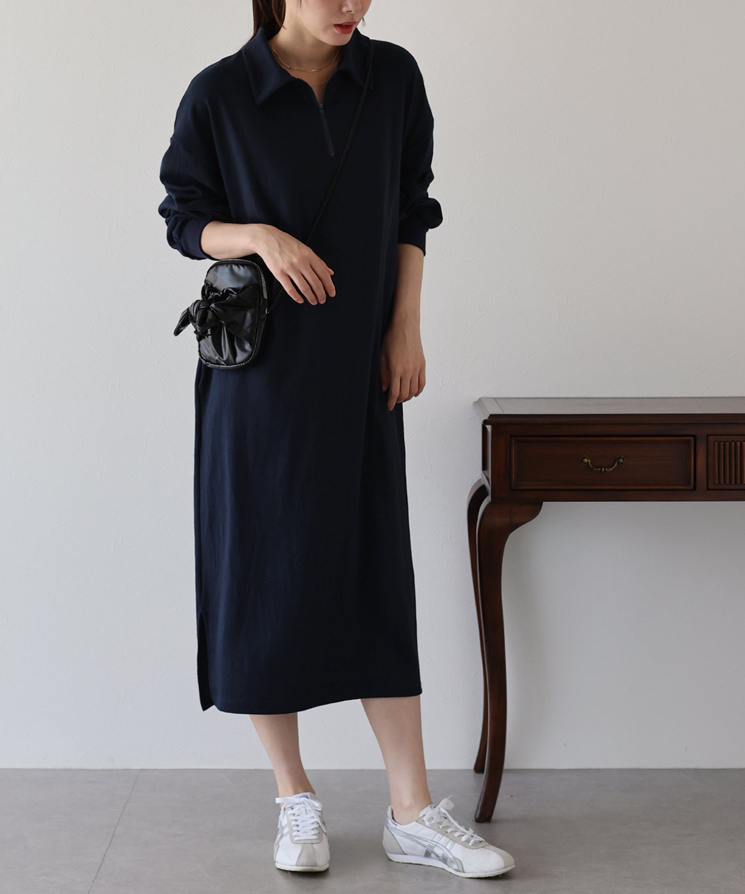 ハーフジップスウェットワンピース